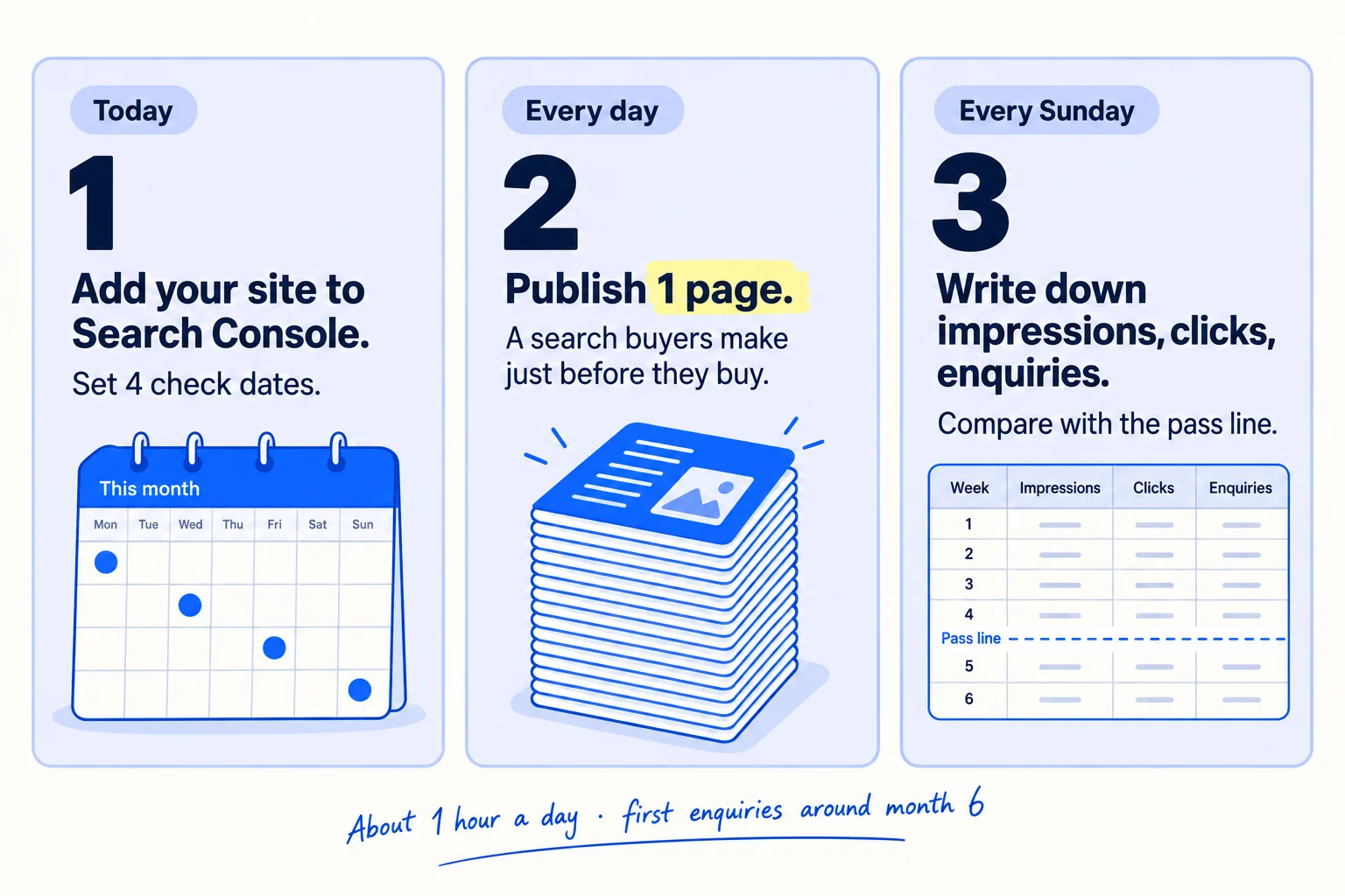 Do these three things. 1, today: add your site to Google Search Console, submit your sitemap, and put four check dates in your calendar: week 2, month 1, month 3 and month 6. 2, every day: publish 1 page that answers a search your buyer types just before they buy. AI drafts it; you add one thing only you know. 3, every Sunday: write down non-brand impressions, clicks and enquiries from Google, and compare them with the number this guide sets for your next check date. About 1 hour a day, next to your daily messages.