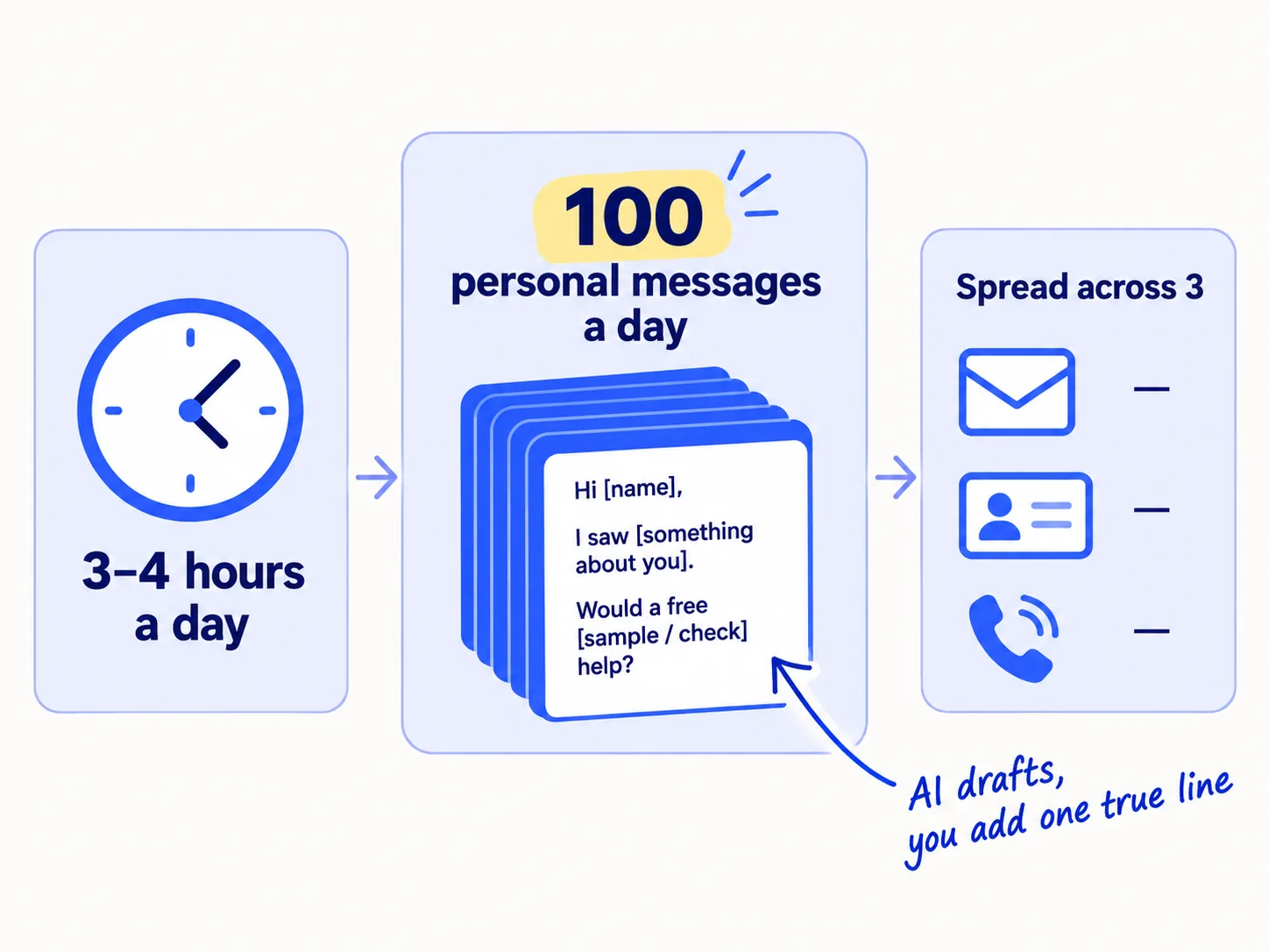 A clock labelled '3–4 hours a day' next to a tall stack of message cards labelled '100 personal messages a day'. The top card reads 'Hi [name], I saw [something about you]. Would a free [sample / check] help?'. Three icons, an envelope, a profile card and a phone, are labelled 'Spread across 3'. A handwritten note reads 'AI drafts, you add one true line'.