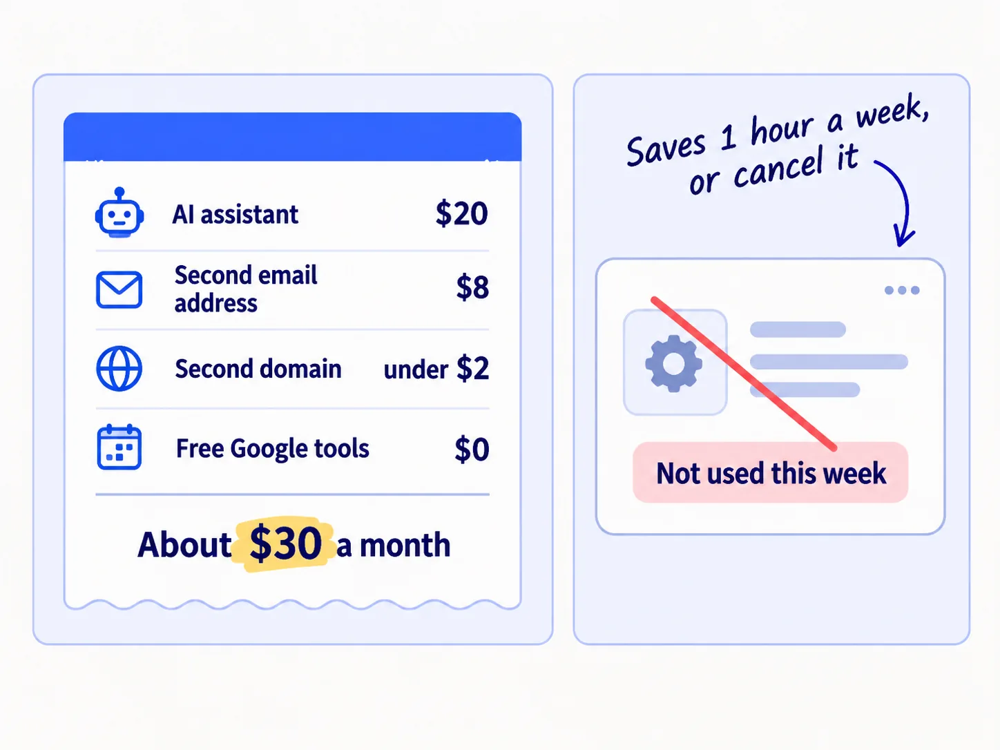 A short tool list with prices: AI assistant $20, a second email address about $8, a second domain under $2, free Google tools $0. A total line reads 'about $30 a month'. A separate crossed-out tool card reads 'Not used this week'.