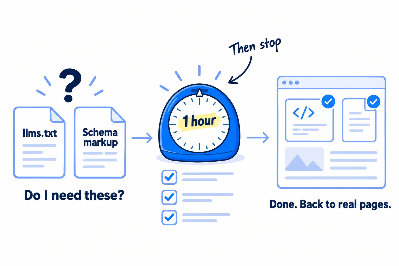 Three panels: two file cards labelled 'llms.txt' and 'Schema markup' with a question mark, captioned 'Do I need these?'; a timer reading '1 hour' over a short checklist; then a page with a small code block and a text file, both ticked, captioned 'Done. Back to real pages.'