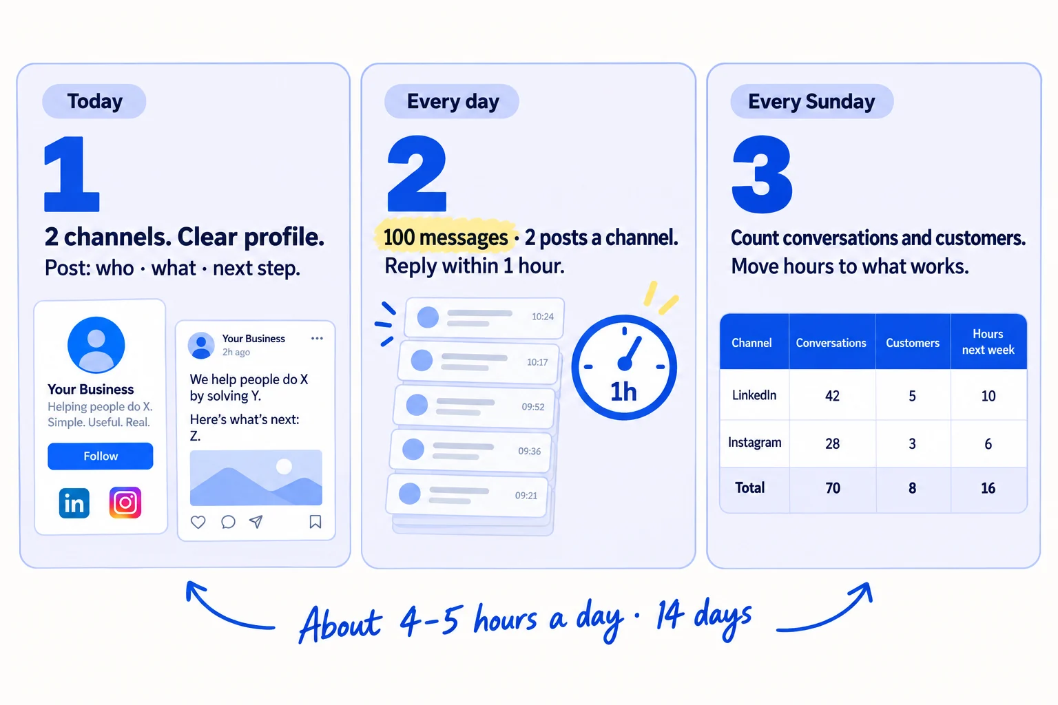 Do these three things. 1, today: set up your profile and business page on the 2 channels where your buyers are, then post one announcement that says who it is for, what it does and one thing to do next. 2, every day for 14 days: send 100 personal messages about it, people you know first, post twice on each channel, and reply to every comment within an hour. 3, every Sunday: count conversations and customers by where each came from, and move your hours to what brought the most. About 4 to 5 hours a day for 14 days.