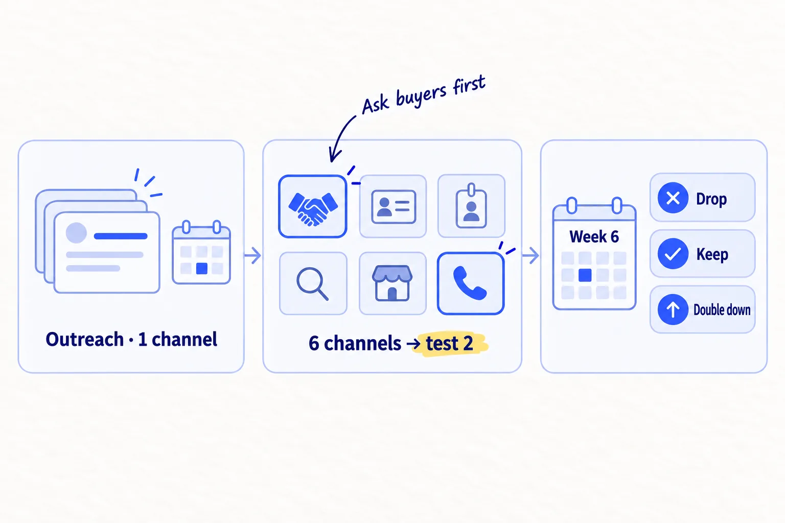 Three panels: one channel running, daily outreach; six channels narrowed to two, each with a 6-week test; then a week-6 decision for each channel: drop, keep or double down.