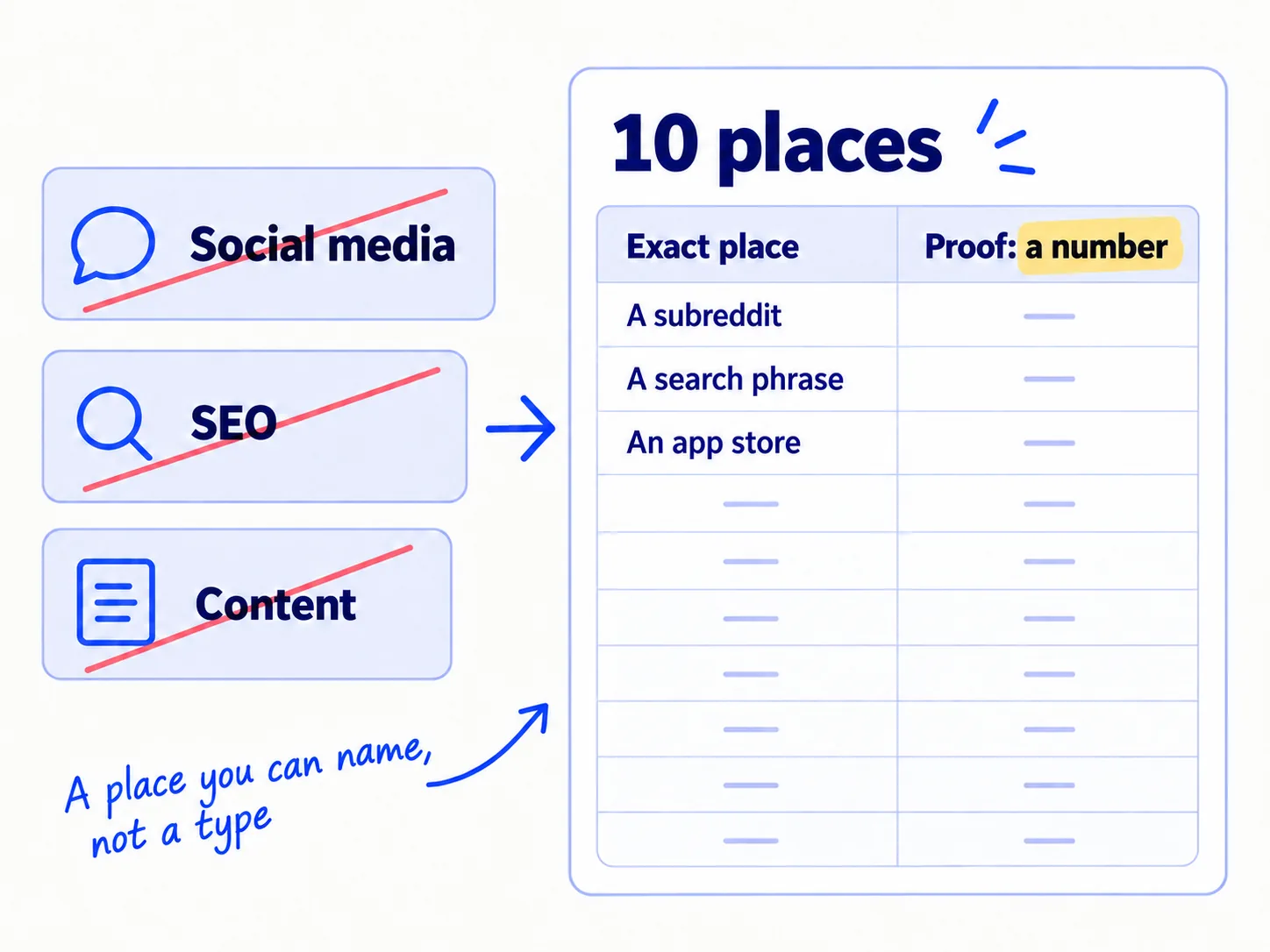 On the left, vague channel types, 'Social media', 'SEO' and 'Content', are crossed out. On the right, a sheet of 10 places, each row with an exact place and a number that proves buyers are there.