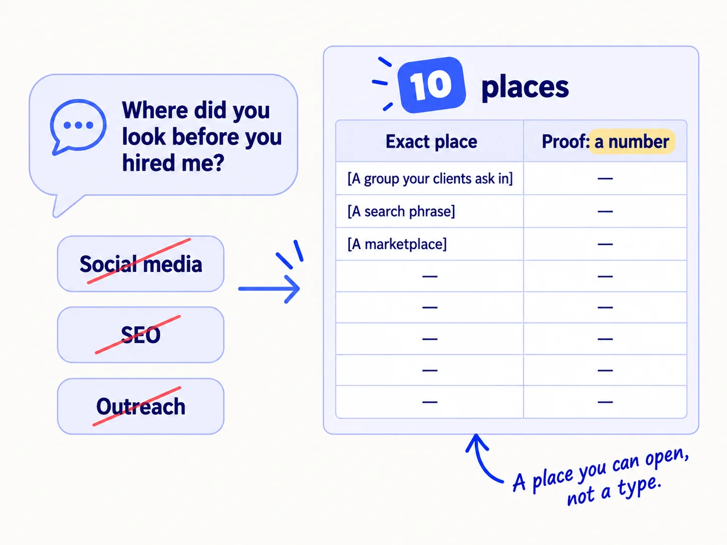 On the left, vague channel types, 'Social media', 'SEO' and 'Outreach', are crossed out. On the right, a sheet of 10 places, each row with an exact place and a number that proves your kind of client is there.