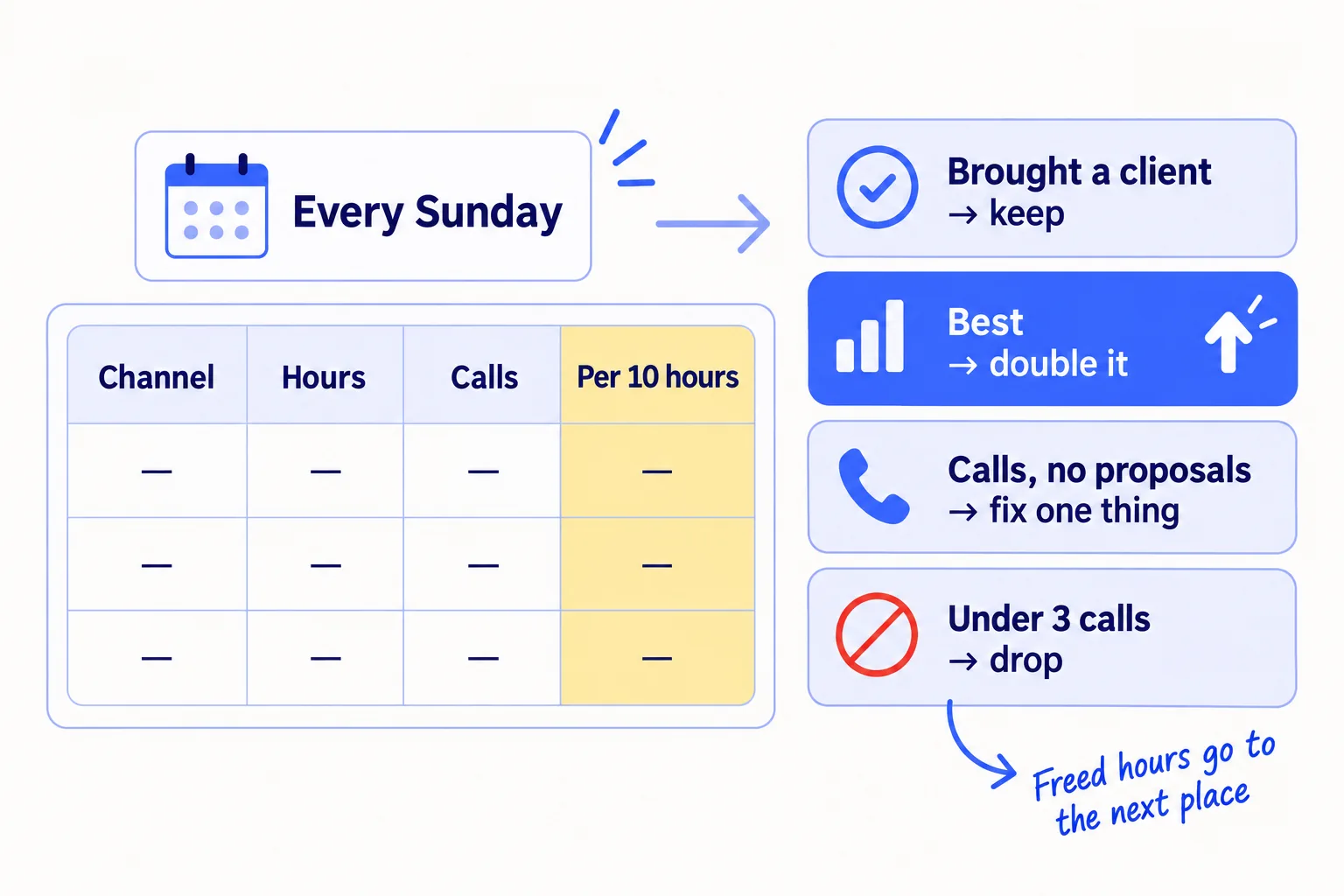 A Sunday table with the columns Channel, Hours, Calls and Per 10 hours. Four outcomes: brought a client, keep it; best per 10 hours, double it; calls but no proposals, fix one thing; fewer than 3 calls, drop it. Freed hours go to the next place on the list.