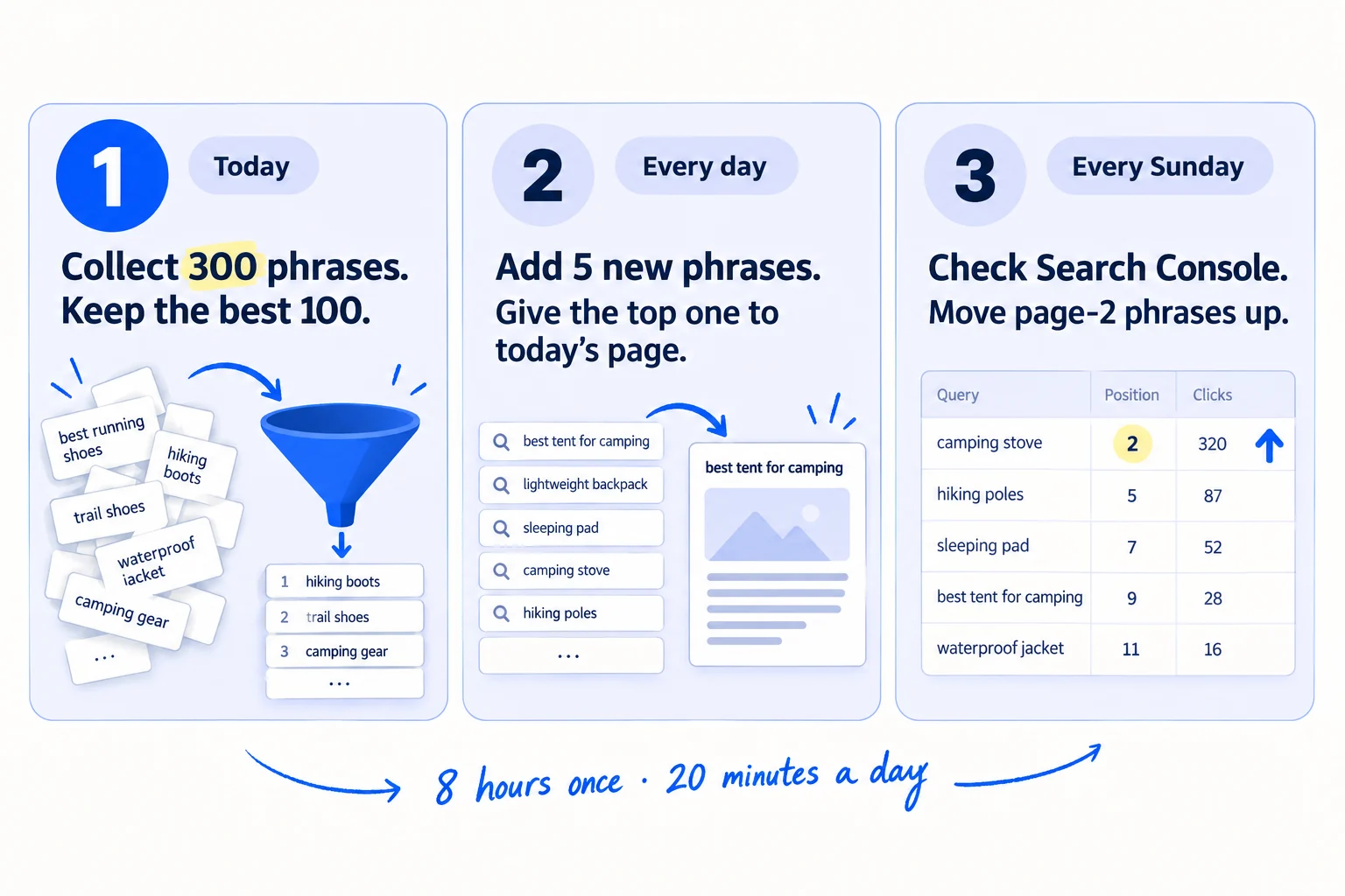 Do these three things. 1, today: collect 300 phrases your buyers type, search each one, and keep the 100 you can win, one page each. 2, every day: add 5 new phrases from your calls, emails and forums, and give the top one to today's page. 3, every Sunday: add the new phrases Search Console shows and move page-2 phrases to the top. About 8 hours to build the list, then 20 minutes a day.