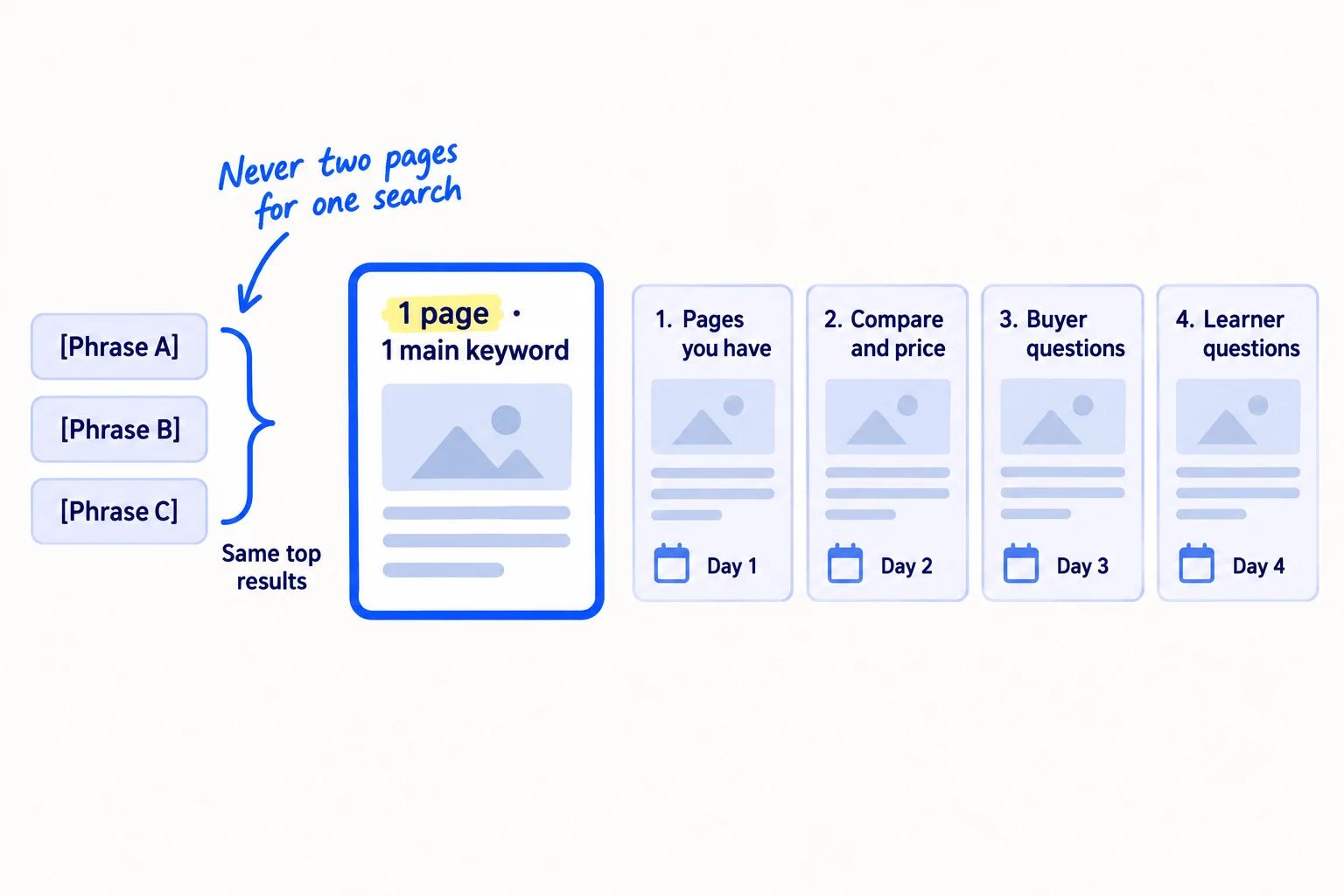 Three similar phrases with the same top results are joined into one page card with one main keyword. The page cards are then lined up in order: 'Pages you have', 'Compare and price', 'Buyer questions', 'Learner questions', each with a day number.