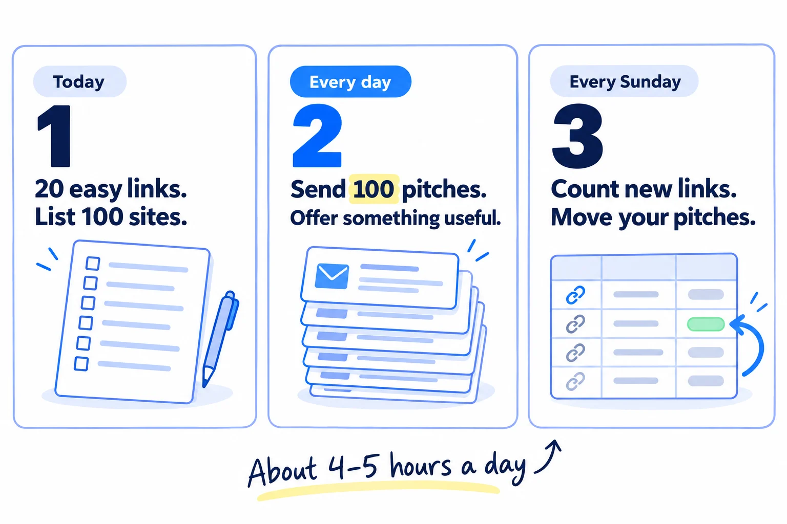 Do these three things. Card 1, Today: '20 easy links.' 'List 100 sites.' Card 2, Every day: 'Send 100 pitches.' 'Offer something useful.' Card 3, Every Sunday: 'Count new links.' 'Move your pitches.' Handwritten note: 'About 4–5 hours a day'.