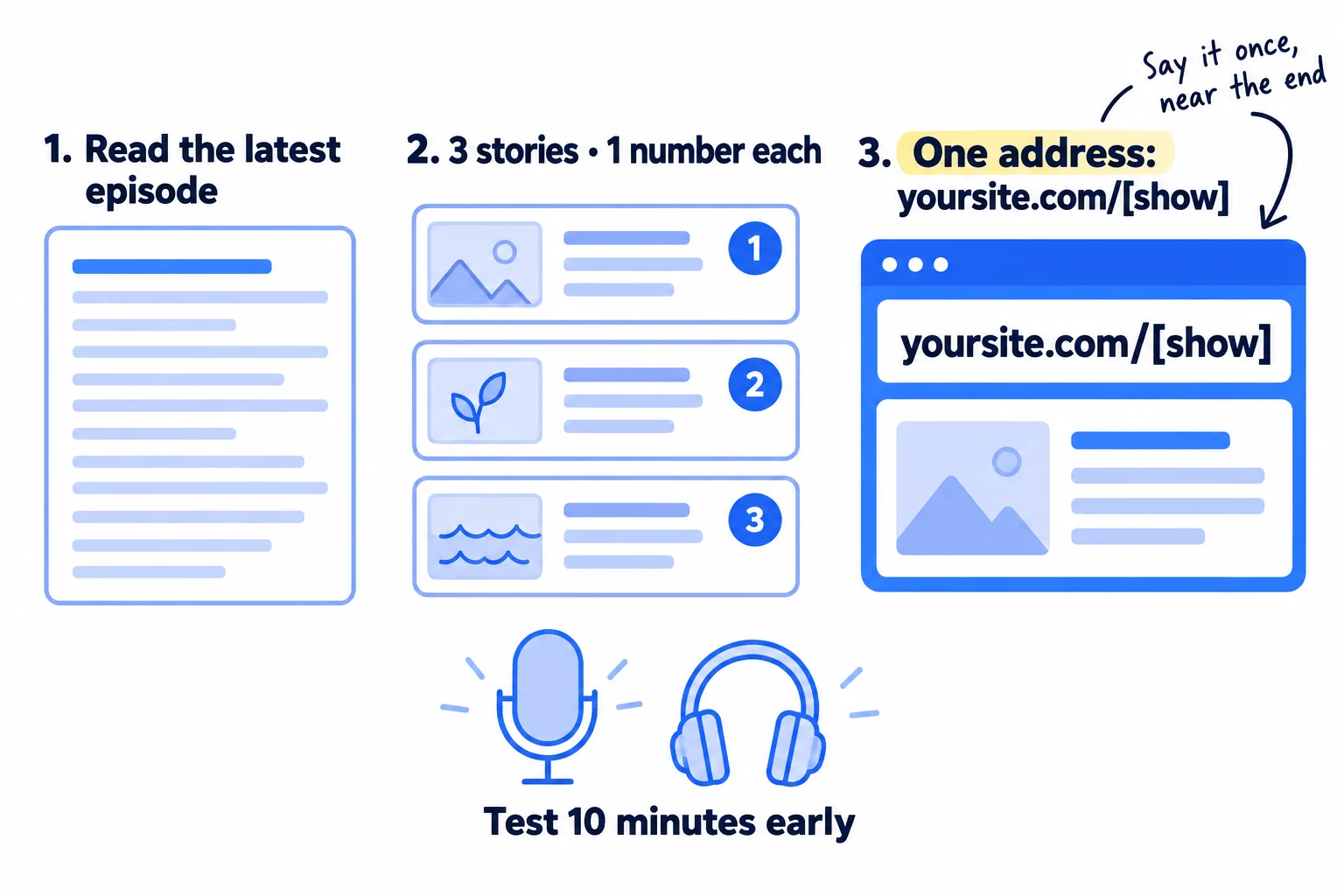 Three steps before a recording: read the latest episode, write 3 stories each with a number, and pick one short web address to say on air. Then a microphone and headphones, with the note: test 10 minutes early.