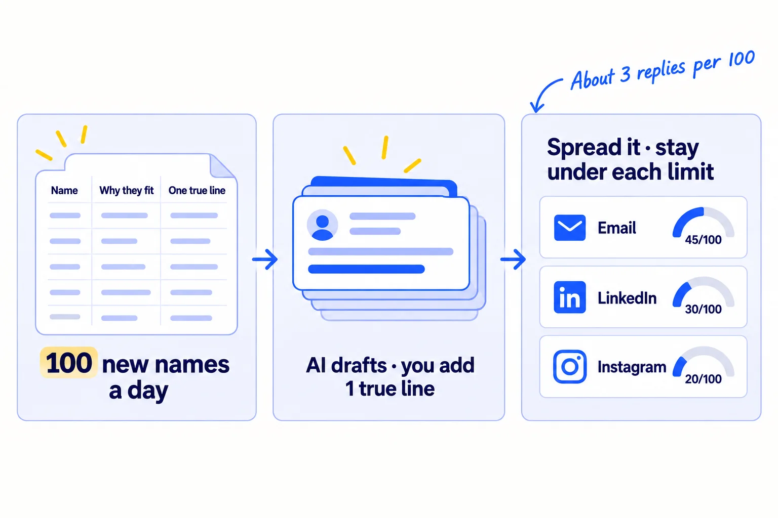 100 new names a day go into a sheet. AI drafts each message and you add one true line. Messages are spread over email, LinkedIn and Instagram, each within its limit. About 3 replies come from every 100.