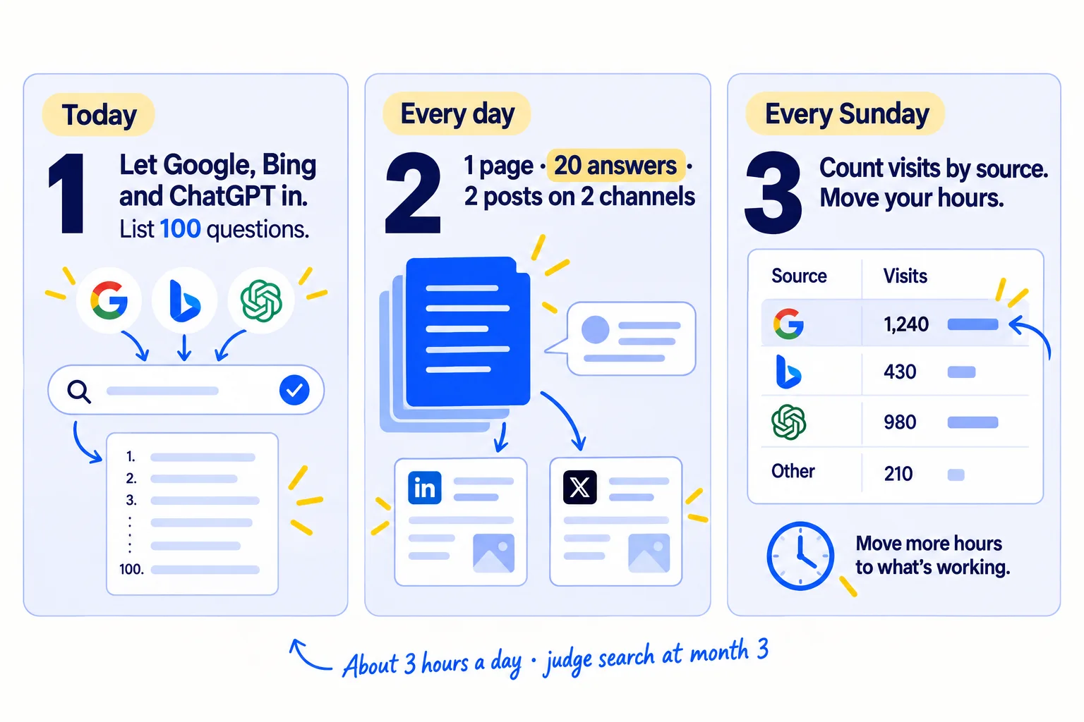 Do these three things. 1, today: add your site to Google Search Console and Bing Webmaster Tools, check that Google, Bing and ChatGPT may read it, and write down 100 questions your buyers ask. 2, every day: publish 1 page that answers one question, give 20 answers in 5 online communities, and post 2 times on each of 2 social channels. 3, every Sunday: count visits by where they came from and move your hours to what brings people who stay. About 3 hours a day. Judge search at month 3.
