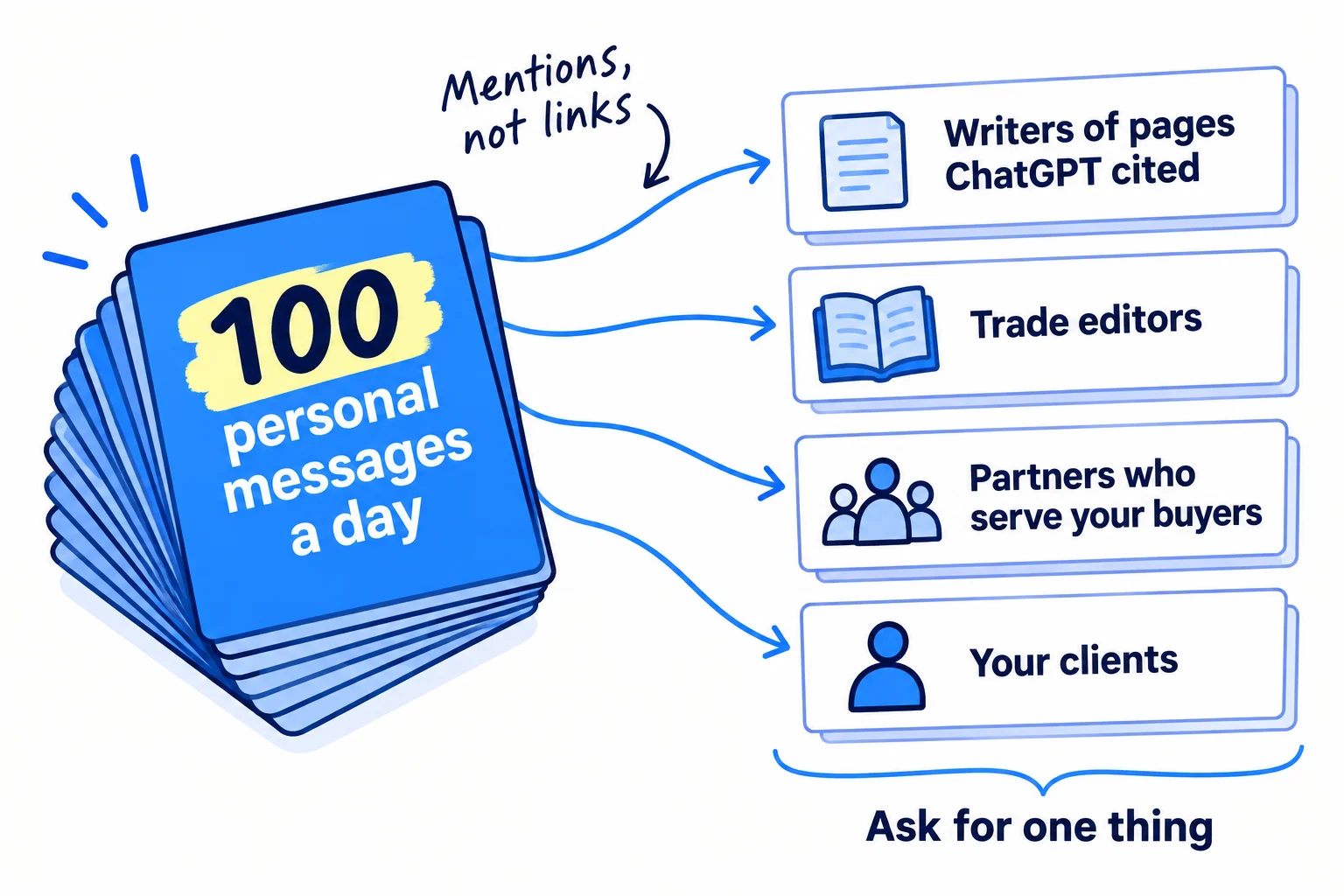 100 personal messages a day go to four groups: writers of pages ChatGPT cited, trade editors, partners who serve the same buyers, and your clients. Each message asks for one thing: add us to your list, quote us, link us as a supplier, or name us in a case study.