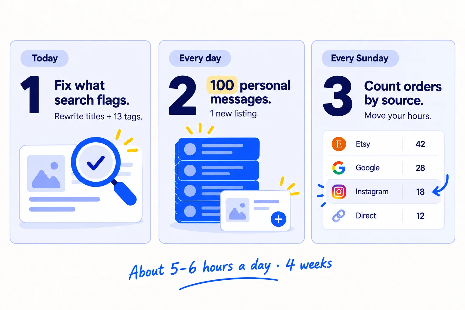 Do these three things. 1, today: fix every listing Etsy search flags, and rewrite each title and its 13 tags in the words buyers type. 2, every day: send 100 personal messages with your Share and Save link, first to people you know, then to small creators, and add 1 new listing until your shop has 30. 3, every Sunday: count visits and orders by where they came from, and move your hours to what brought orders. About 5 to 6 hours a day, for 4 weeks.