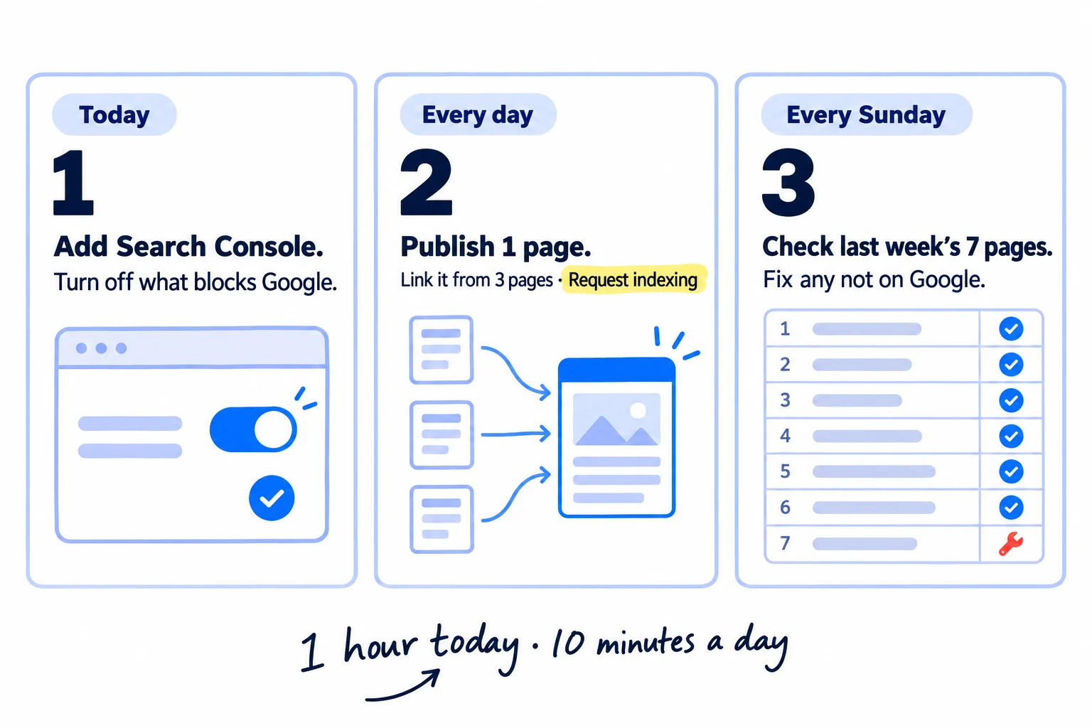 Do these three things. 1, today: add your site to Google Search Console, turn off anything that hides it from Google, submit your sitemap, and ask Google to index your 5 main pages. 2, every day: publish 1 new page, link to it from 3 of your pages that Google already has, and click Request indexing. 3, every Sunday: check last week's 7 new pages and fix every one that is not on Google, using the reason Search Console gives. About 1 hour today, then 10 minutes a day.