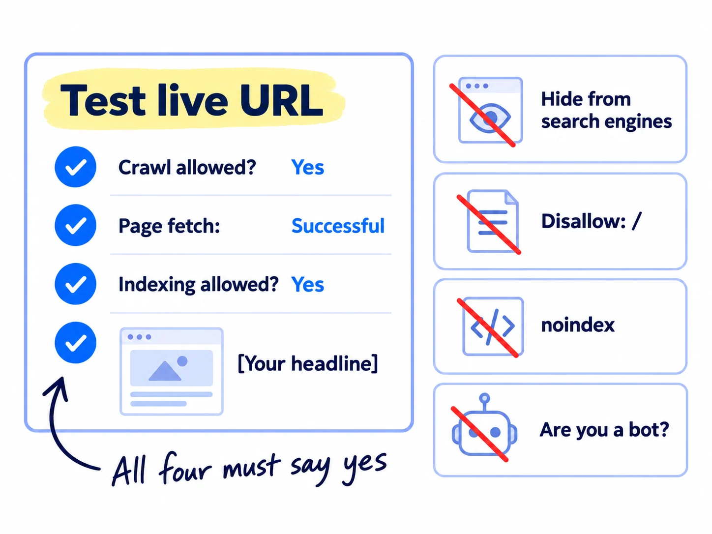A live test result with four rows, all ticked: 'Crawl allowed? Yes', 'Page fetch: Successful', 'Indexing allowed? Yes', and a screenshot showing '[Your headline]'. Beside it, four switches that can hide a site, each crossed out: 'Hide from search engines', 'Disallow: /', 'noindex', 'Are you a bot?'.