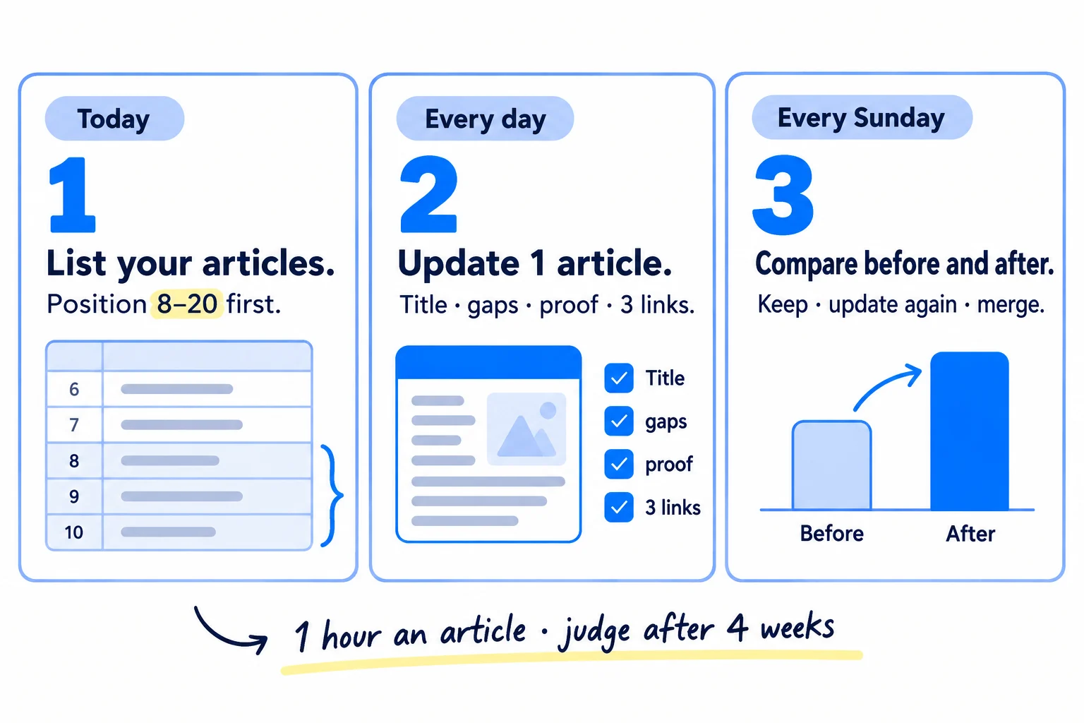 Do these three things. 1, today: open the Pages tab in Google Search Console and list every article with impressions, its average position and the searches it shows for; put the articles at position 8 to 20 at the top. 2, every day: update 1 article from the top of your list: answer its main search in the title and first two lines, add what the top 3 results miss and one thing only you know, link to it from 3 of your pages, and ask Google to recrawl it. 3, every Sunday: compare each article you updated 4 or more weeks ago with its numbers from before, and keep it, update it again, or merge it.