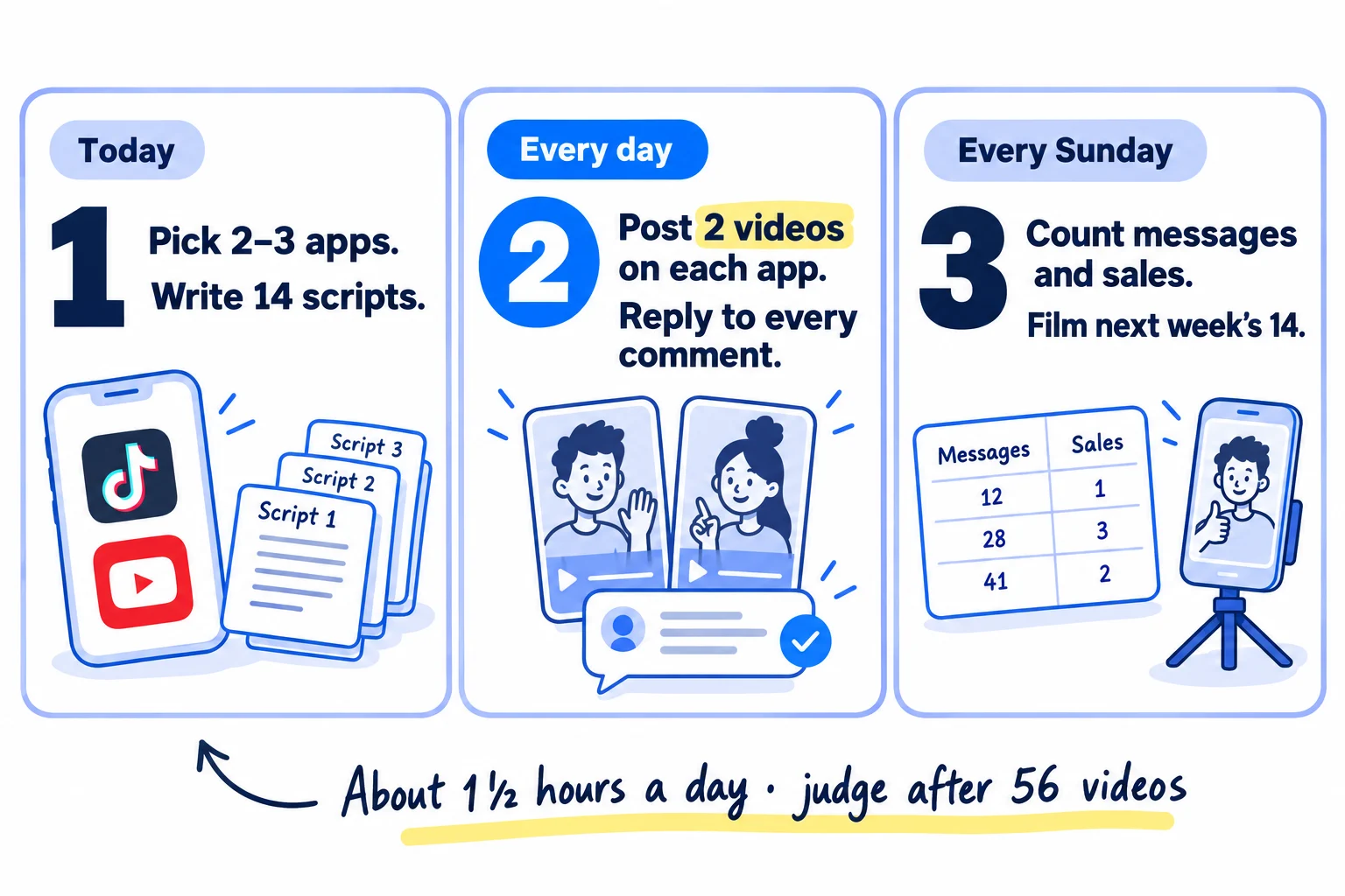 Do these three things. 1, today: set up business accounts on the 2 or 3 apps your buyers watch, and write 14 scripts from questions buyers ask. 2, every day: post 2 short vertical videos on each app, and reply to every comment and message. 3, every Sunday: count messages, visits and sales from each video, then write and film next week's 14, starting with new versions of your 3 best.