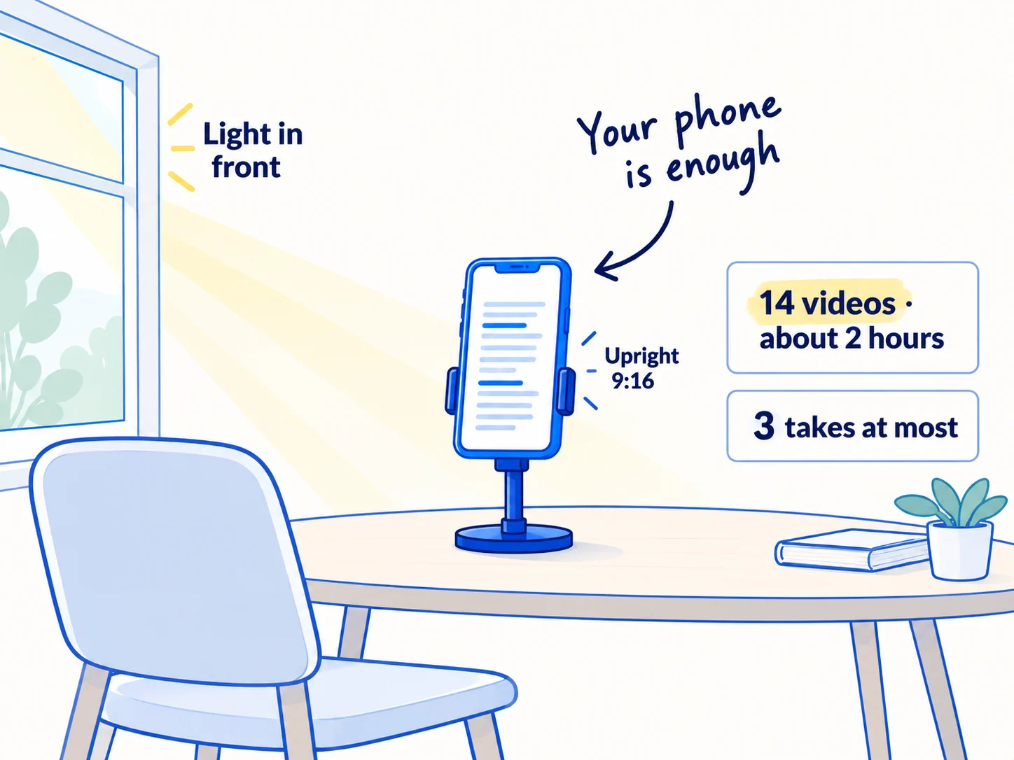 A phone held upright on a small stand at eye level, facing a window. The screen shows a script scrolling like a teleprompter. A counter beside it reads 14 videos in about 2 hours, 3 takes at most.
