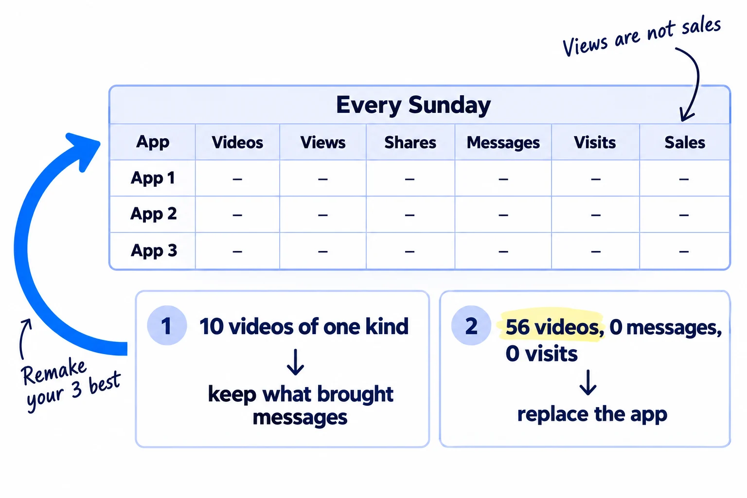 A weekly sheet with one row per app and columns for videos, views, shares, messages, visits and sales. Below it, two decision rules: after 10 videos of one kind, keep the kinds that brought messages; after 56 videos on an app with 0 messages and 0 visits, replace the app.