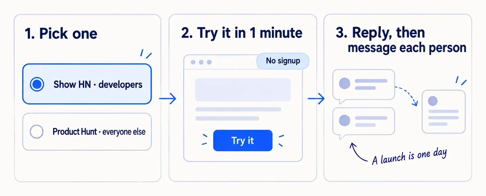 Three steps. Pick one launch site: Show HN if your buyers are developers, Product Hunt otherwise. Let people try the main feature in a minute with no signup. Reply to every comment, then message each person.