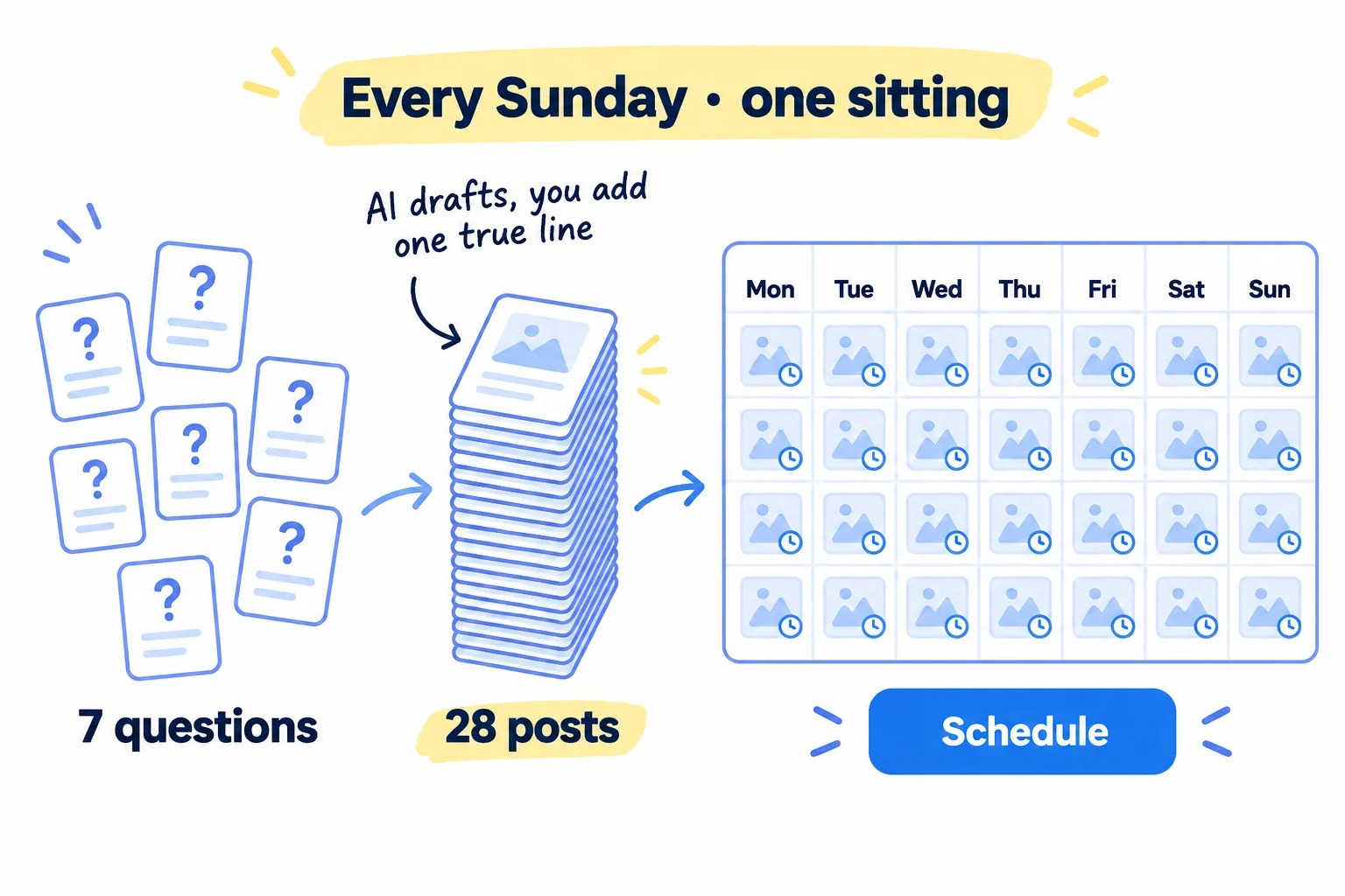 One Sunday sitting. Seven question cards on the left lead to a stack of 28 post cards in the middle, then to a weekly calendar on the right where every day has 4 small scheduled posts with clock icons.