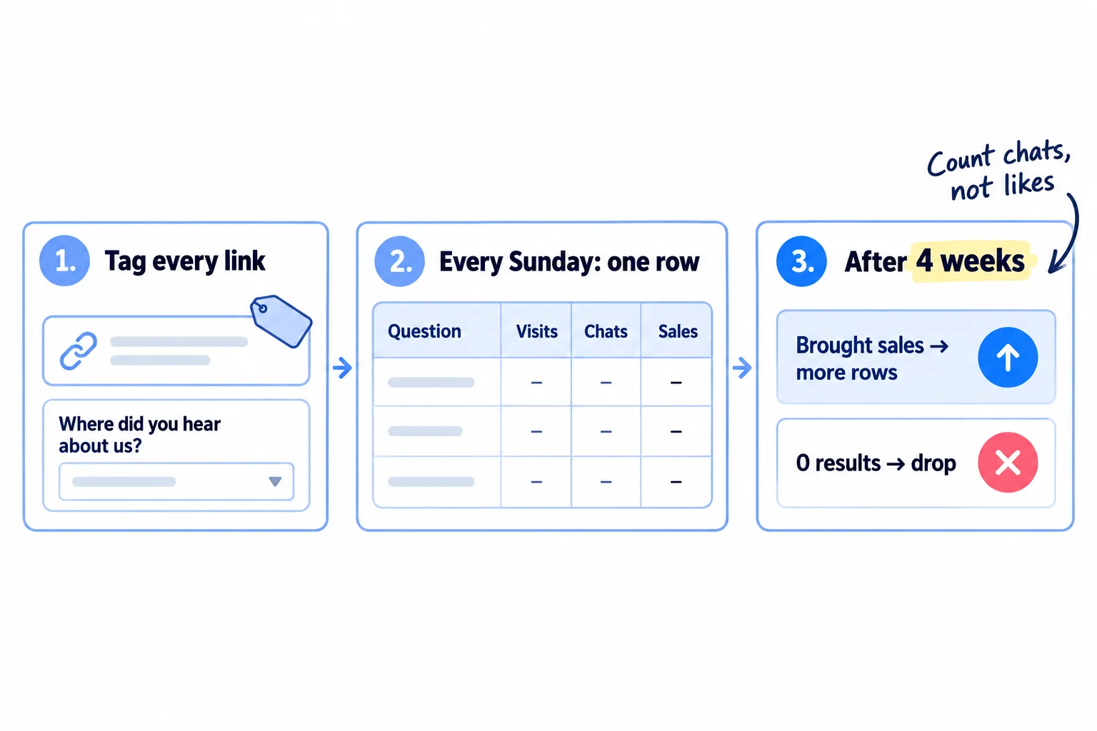 Three steps. Tag every link and ask every new customer where they heard about you. Fill one row per week: visits, chats, signups or orders, by question. After 4 weeks, more rows for the questions that worked; formats with 0 results dropped.