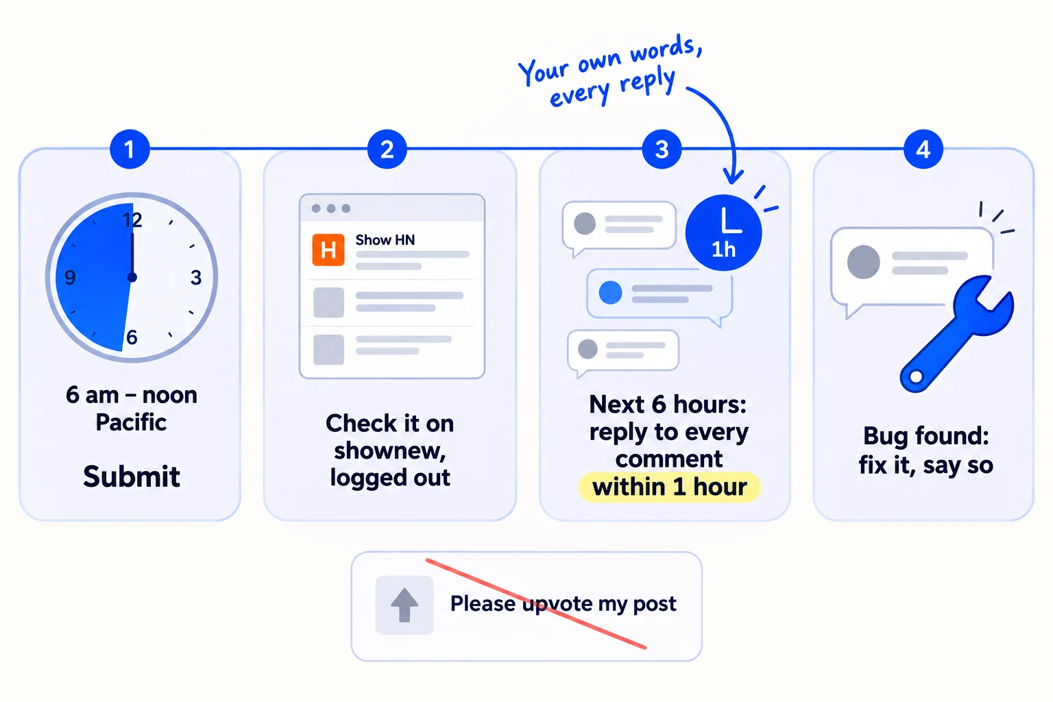 A posting-day timeline. '6 am – noon Pacific: submit'. 'Check it on shownew, logged out'. 'Next 6 hours: reply to every comment within 1 hour'. 'Bug found: fix it, say so'. A crossed-out message card reads 'Please upvote my post'.