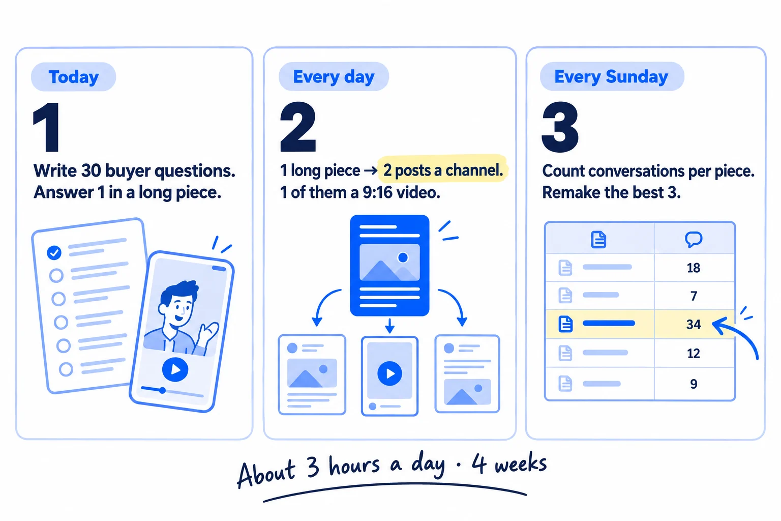 Do these three things. 1, today: write down 30 questions your buyers ask you, and answer the first one in one long piece, a 10-minute video of you talking or a one-page article. 2, every day: make one new long piece and turn it into 2 posts for each of your 2 or 3 channels, one of them a 9:16 video, rewritten for each platform. AI drafts the posts; you add one true detail. 3, every Sunday: count the conversations, visits and signups or orders each piece brought, and remake the 3 best in a new format. About 3 hours a day for 4 weeks.