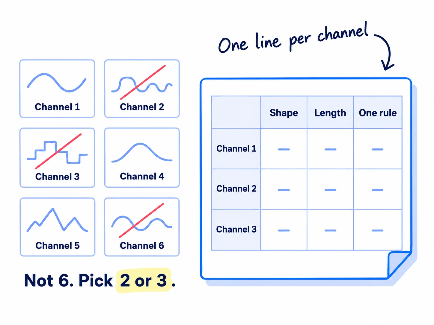 A one-page channel sheet with three rows. Each row has a channel tile labelled 'Channel 1', 'Channel 2', 'Channel 3' and three columns: 'Shape', 'Length', 'One rule'. Beside it, six channel tiles with three of them crossed out, labelled 'Not 6. Pick 2 or 3.'