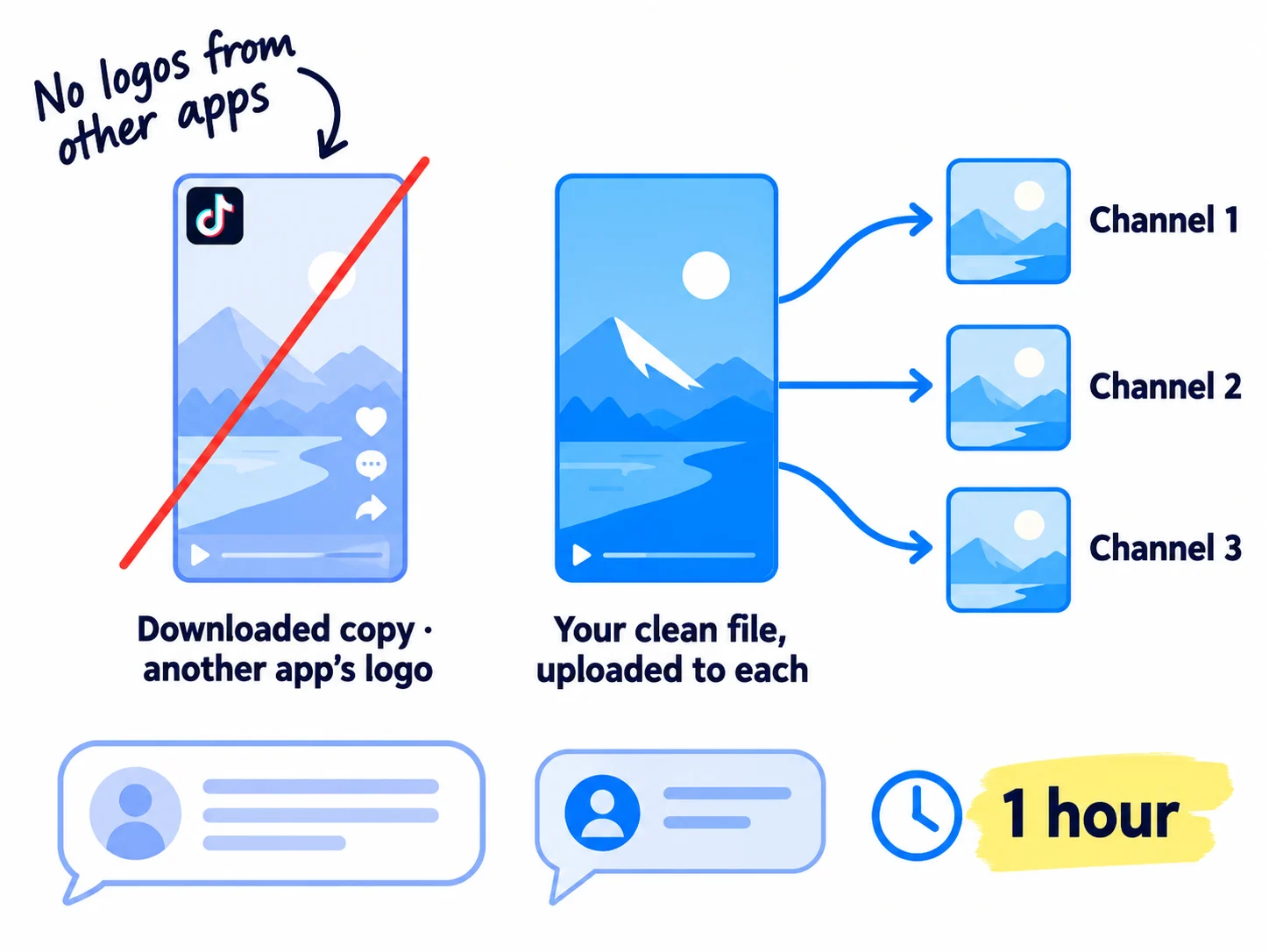 Left: a video downloaded from another app with a logo in the corner, crossed out, labelled 'Downloaded copy · another app's logo'. Right: a clean file with arrows to three platform tiles labelled 'Channel 1', 'Channel 2', 'Channel 3', labelled 'Your clean file, uploaded to each'. Below: a comment bubble with a reply and a clock reading '1 hour'.
