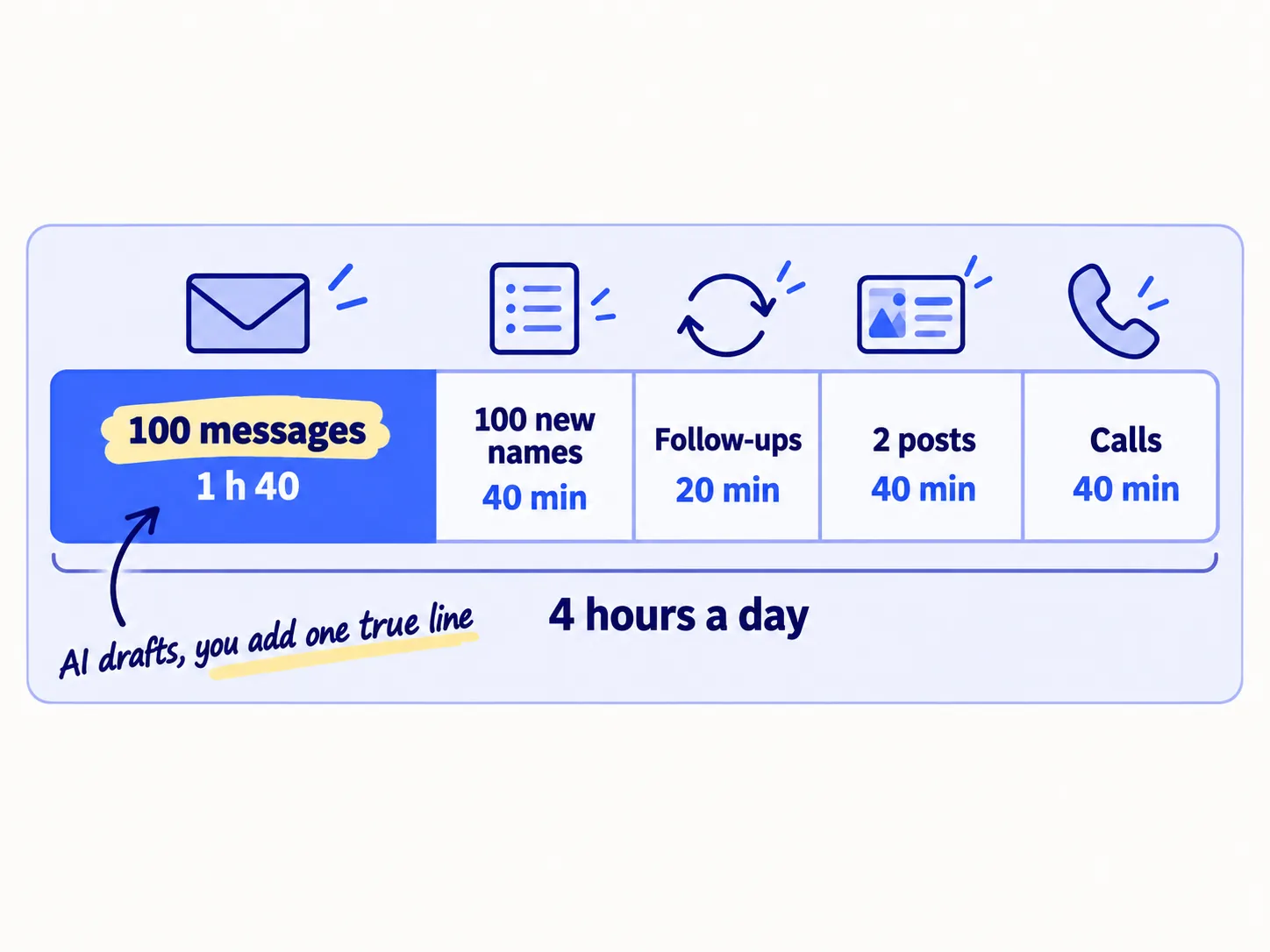 A 4-hour daily block split into parts: 100 messages, 1 hour 40 minutes; 100 new names, 40 minutes; follow-ups, 20 minutes; 2 LinkedIn posts, 40 minutes; calls, 40 minutes.