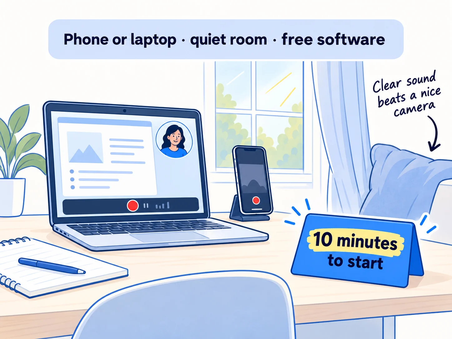 A simple recording setup: a phone or laptop camera, a quiet room with soft things around, light from a window in front, and free screen-recording software. A 1-minute test checks the voice and the screen.