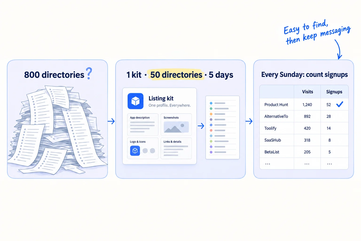 Three panels. Panel 1: a pile of long directory lists labelled '800 directories?' with a question mark. Panel 2: one listing kit card leading to a short sheet labelled '1 kit · 50 directories · 5 days'. Panel 3: a small table with the columns 'Visits' and 'Signups', labelled 'Every Sunday: count signups'. Handwritten note: 'Easy to find, then keep messaging'.
