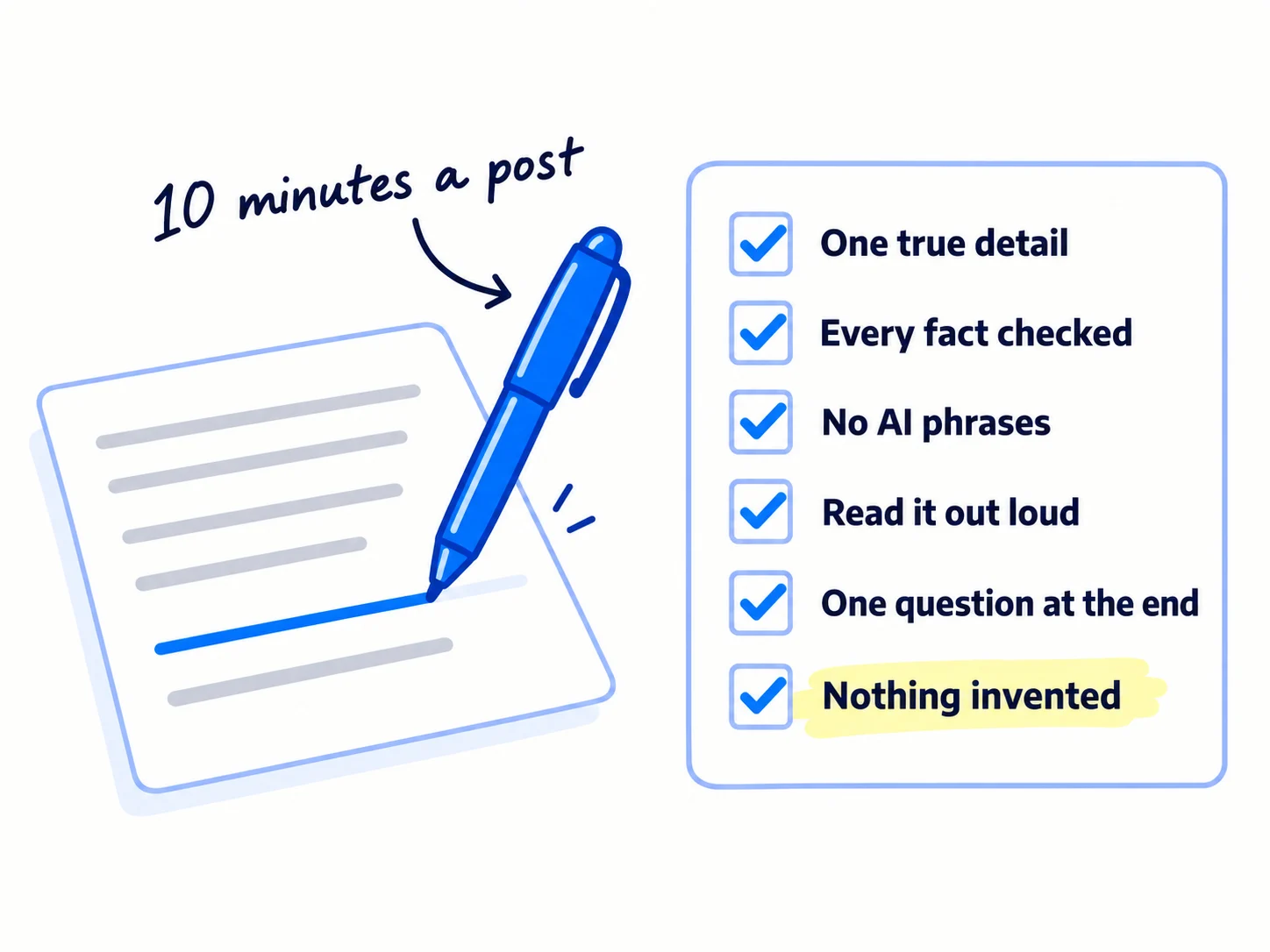 A draft card with a checklist beside it: 'One true detail', 'Every fact checked', 'No AI phrases', 'Read it out loud', 'One question at the end', 'Nothing invented'. A pen adds a line to the draft.
