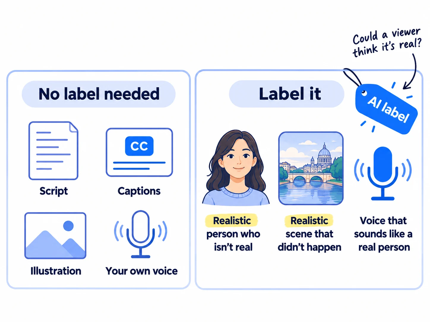 Two columns. 'No label needed': a script, captions, an illustration, your own voice. 'Label it': a realistic person who isn't real, a realistic scene that didn't happen, a voice that sounds like a real person. A tag reading 'AI label' sits on the second column.