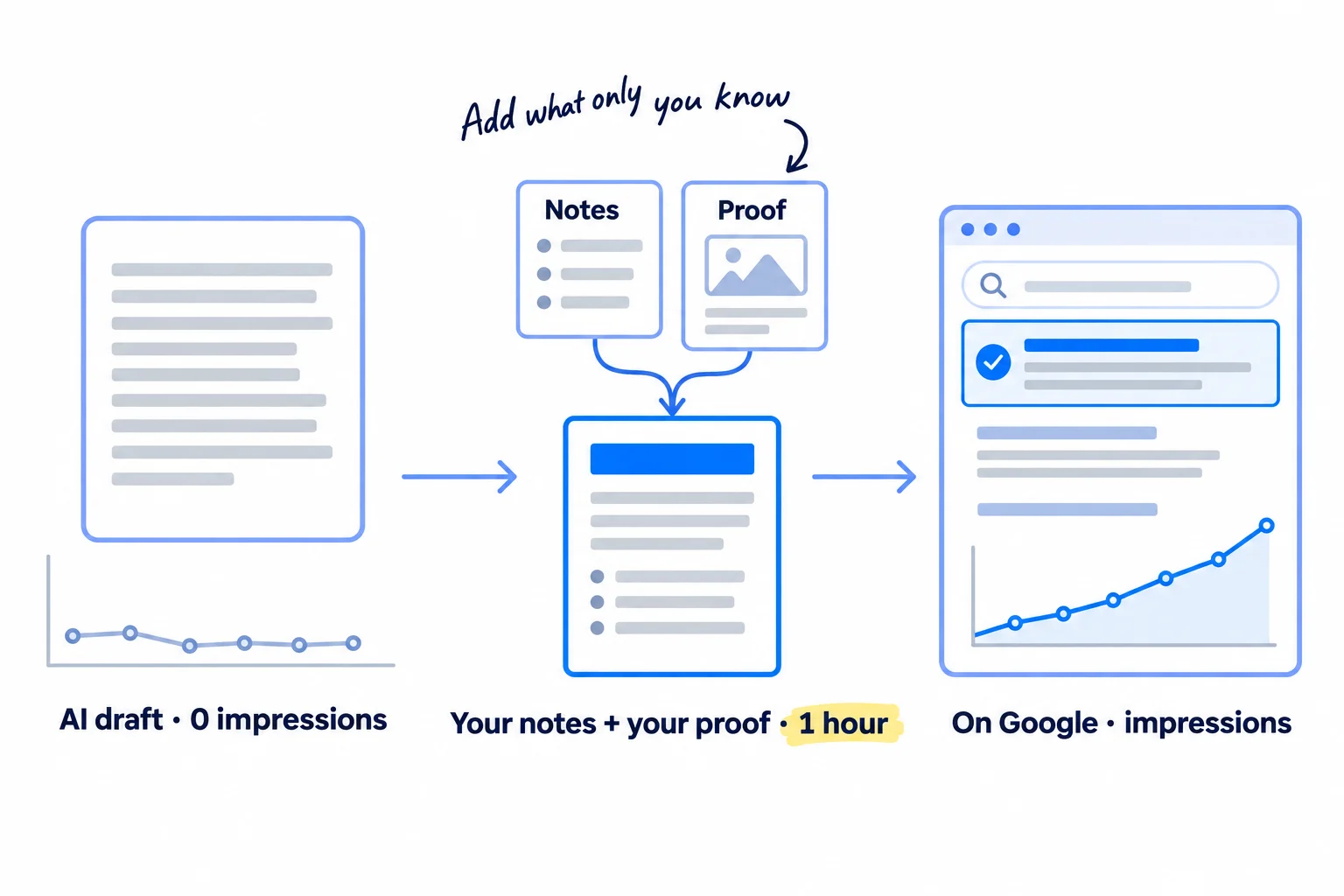 Three panels. First: an AI draft with a flat line under it, labelled 'AI draft · 0 impressions'. Second: a notes card and a proof card joined into one post, labelled 'Your notes + your proof · 1 hour'. Third: a search results page with the post in it and a small line rising, labelled 'On Google · impressions'.