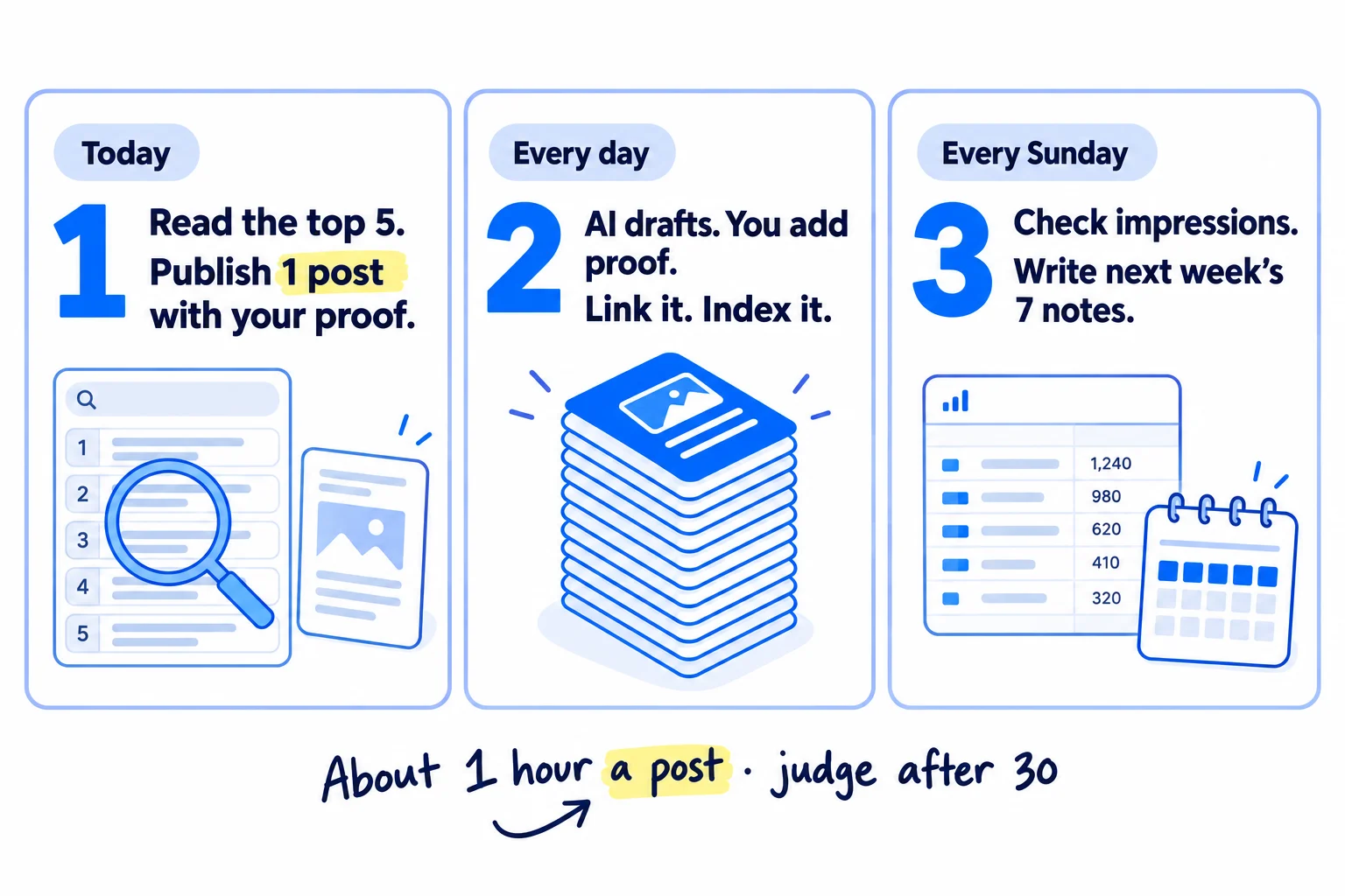 Do these three things. 1, today: search your keyword, write down what the top 5 results all say and what they leave out, and publish one post that answers it in the first two lines with one thing only you know. 2, every day: publish 1 post the same way. AI drafts from your notes; you add your proof, check every fact, link it from 3 of your pages and ask Google to index it. 3, every Sunday: check which posts are on Google with impressions, send the ones at position 8 to 20 to be improved, and write next week's 7 post notes. About 1 hour a post. Judge it after 30 posts.