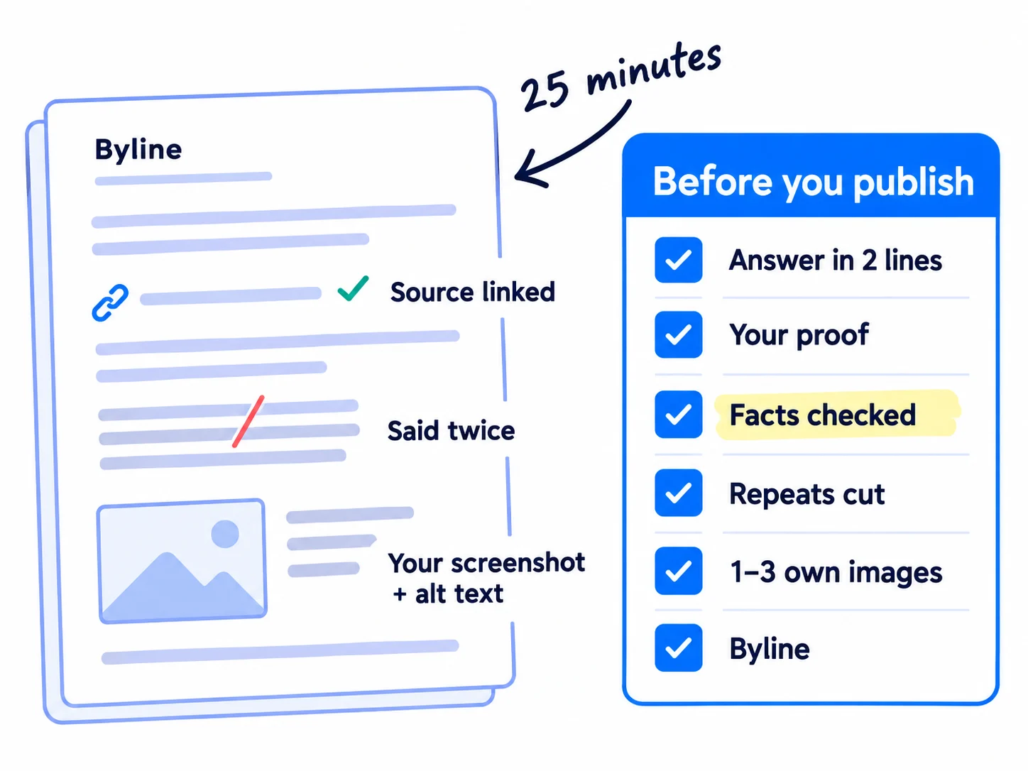 A draft page with edit marks: a fact with a source link ticked, a repeated paragraph crossed out, a screenshot added with its alt text, and a byline added. Beside it, a six-line check with every line ticked. Note: '25 minutes'.