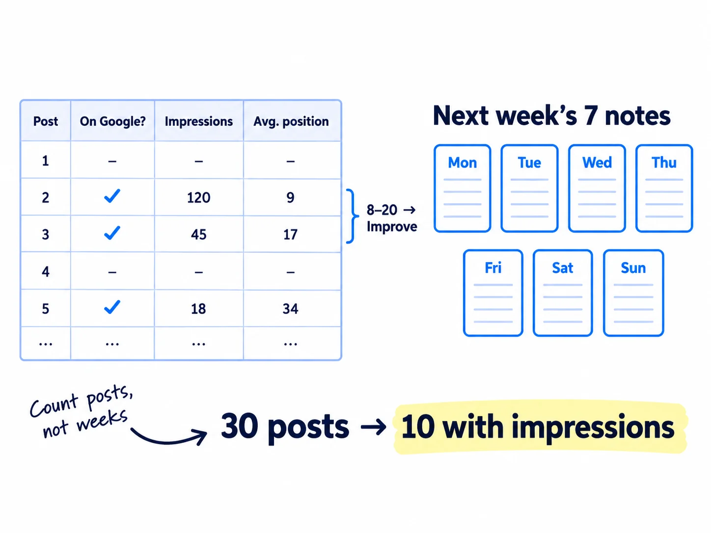 A table of posts with the columns 'Post', 'On Google?', 'Impressions', 'Avg. position'. Rows at position 8 to 20 are marked 'Improve'. Beside it, a week of 7 notes cards, one for each day. A pass line reads '30 posts → 10 with impressions'.