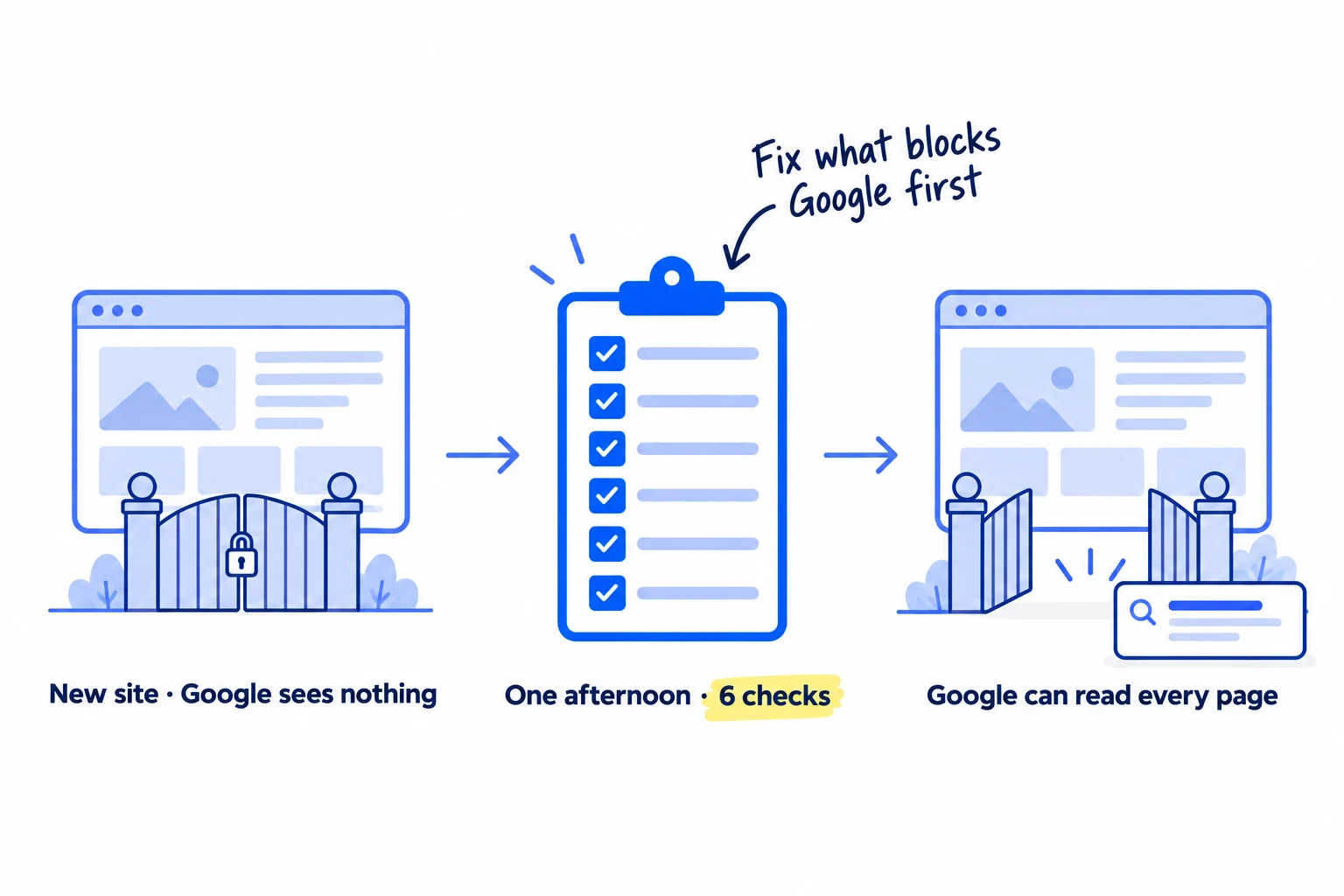 Three panels: a new website with a closed gate in front of it and the label 'New site · Google sees nothing'; a checklist of 6 checks with ticks, labelled 'One afternoon · 6 checks'; then the same website with an open gate and a search result card, labelled 'Google can read every page'.
