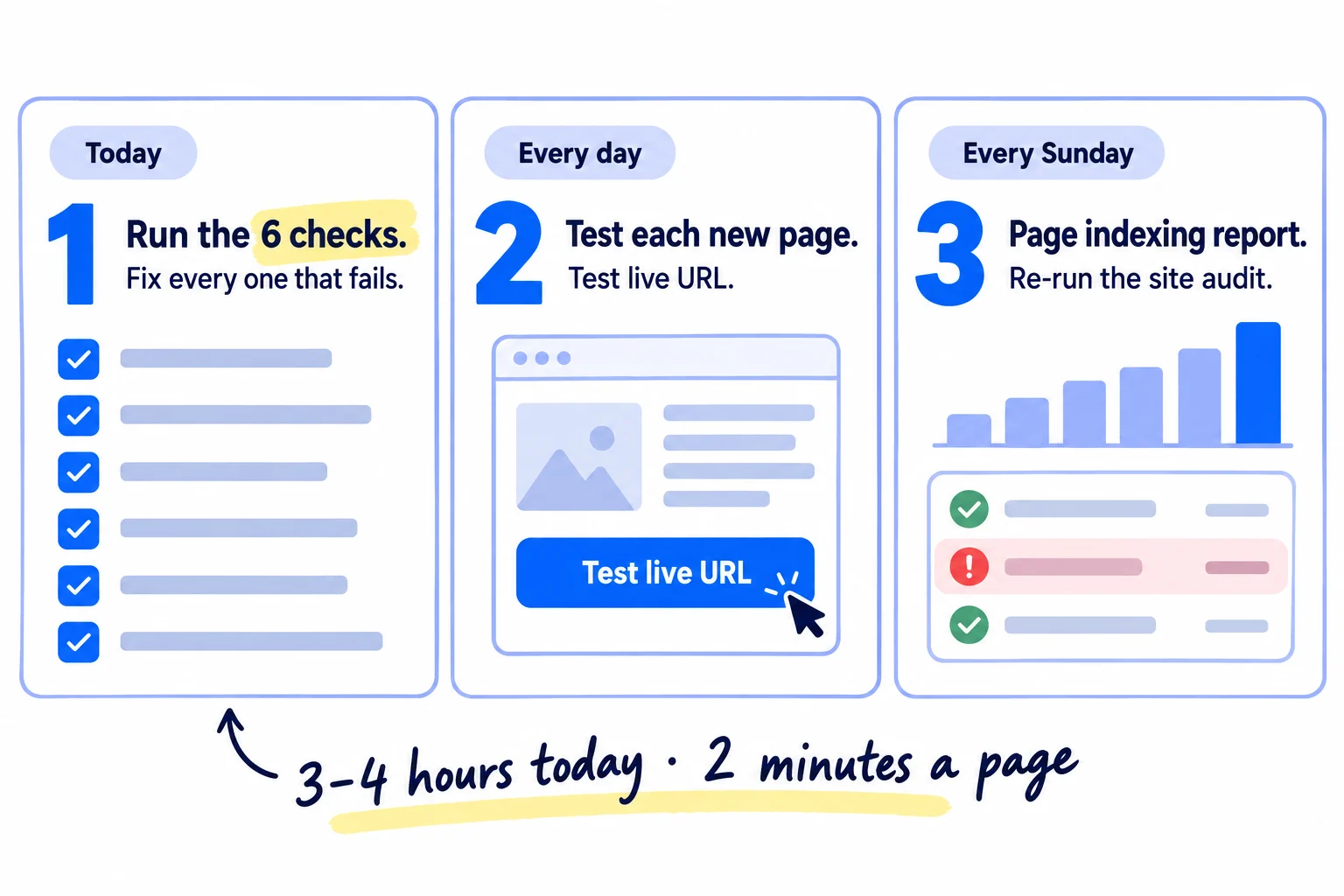 Do these three things. 1, today: run the 6 checks in one afternoon and fix every one that fails. Nothing hides your site, Google sees your words, one secure address, your sitemap is with Google and Bing, a free crawl shows 0 errors, and your main pages work on a phone and load fast. 2, every day: test each new page with 'Test live URL' the day you publish it. 3, every Sunday: open the Page indexing report, re-run your free site audit and fix every new error.