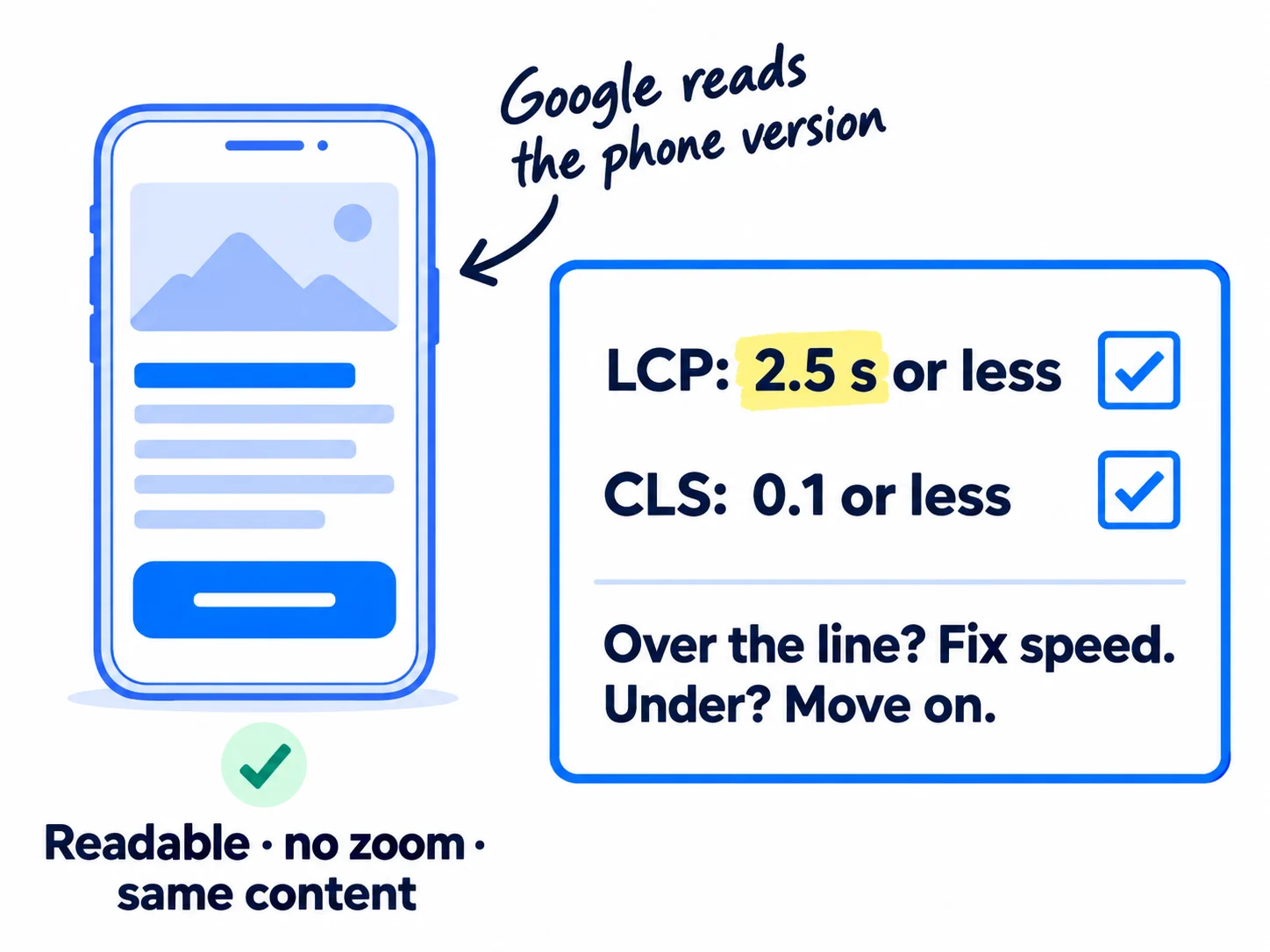 A phone showing a web page with readable text and a large button, with a tick. Beside it, a speed test card: 'LCP: 2.5 s or less' and 'CLS: 0.1 or less', and a note 'Over the line? Fix speed. Under? Move on.'