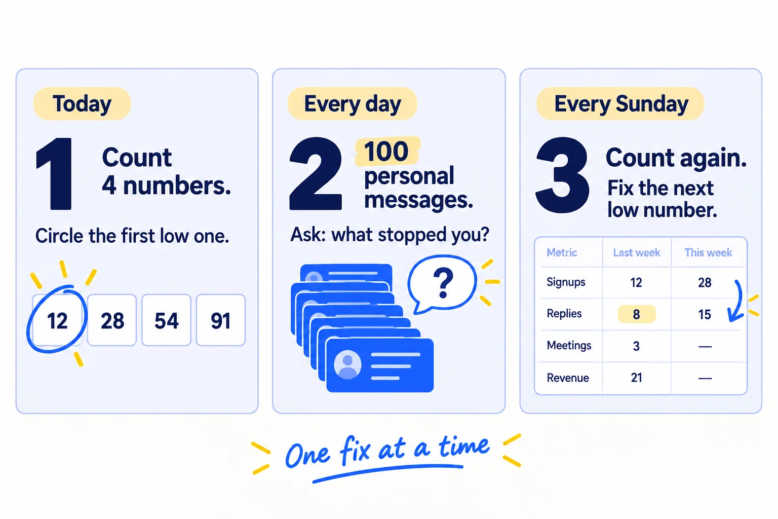 Do these three things. 1, today: count four numbers from the last 30 days: people who saw it, took a first step, bought, and came back. The first number under its line is your reason. 2, every day: send 100 personal messages so new people keep arriving, and ask everyone who stopped at your reason what stopped them. 3, every Sunday: count the four numbers again, keep a fix only if its number passed its line, then move to the next low number.