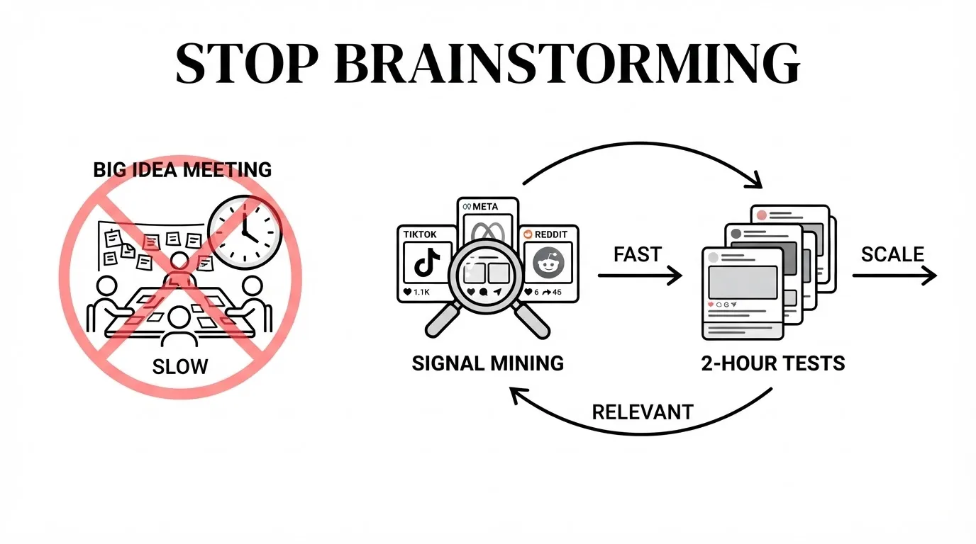 Stop Brainstorming: Why the Best Ad Ideas Now Come From 5-Second Signals, Not Big Meetings